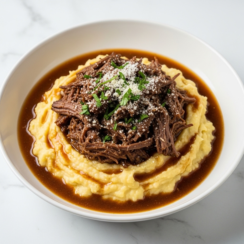 A large white bowl holds a dish with three main layers: the bottom layer is creamy mashed potatoes, smooth and pale yellow; the middle layer is a rich brown gravy spread around the edges of the potatoes; the top layer is a pile of shredded dark brown meat, tender and moist, sprinkled generously with finely chopped green herbs and white grated cheese. The whole dish sits on a table with a white marbled texture in the background. photo taken with an iphone --ar 4:5 --v 7