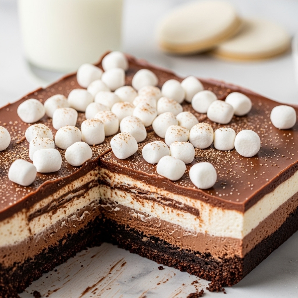The image shows a square dessert dish with three clear layers visible after a slice is taken out. The bottom layer is a dark, crumbly chocolate crust, the middle layer is a light creamy mixture with some chocolate streaks, and the top layer is a smooth, glossy milk chocolate layer. On top, there are many small, white marshmallows scattered unevenly, some slightly dusted with light brown powder. In the background, you can see a white glass of milk and a white cookie on a white marbled surface. photo taken with an iphone --ar 4:5 --v 7