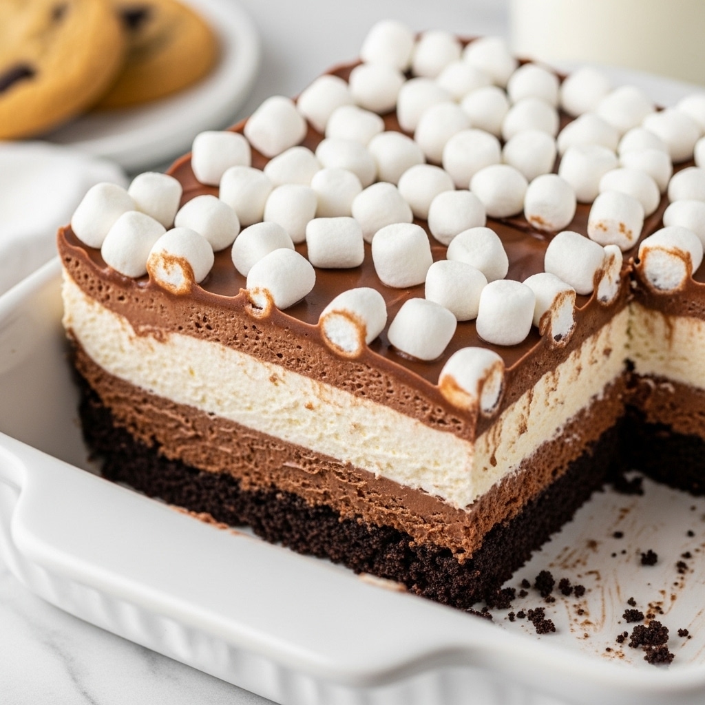 A close-up view of a layered dessert in a white rectangular dish shows three distinct layers; the bottom layer is dark and crumbly, resembling a chocolate cookie crust, the middle layer is light with a creamy texture, likely a whipped filling, and the top layer is smooth, shiny, and milk chocolate brown, finished with a generous topping of soft, white mini marshmallows scattered unevenly across the surface. The dessert slice has been cut from the corner, revealing the neat layers and some crumbs gathered at the dish's edge. The dish sits on a white marbled surface with part of a cookie and a glass of milk blurred in the background. Photo taken with an iphone --ar 4:5 --v 7