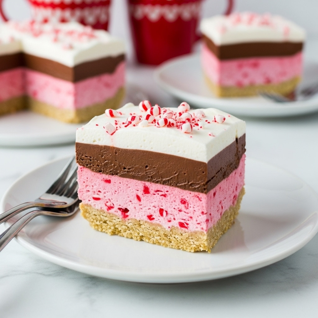 The image shows a slice of four-layer dessert on a white plate, placed on a white marbled surface. The bottom layer is a crumbly, light beige crust. Above it is a pink layer with small red bits mixed inside, showing a textured look. Next comes a thick, smooth, dark brown chocolate layer. The top layer is white and fluffy, like whipped cream, decorated with small pieces of red and white candy sprinkled on top. Two forks are lying beside the plate. In the blurry background, there is a second slice of the dessert on another white plate and some red mugs with white patterns. Photo taken with an iphone --ar 4:5 --v 7