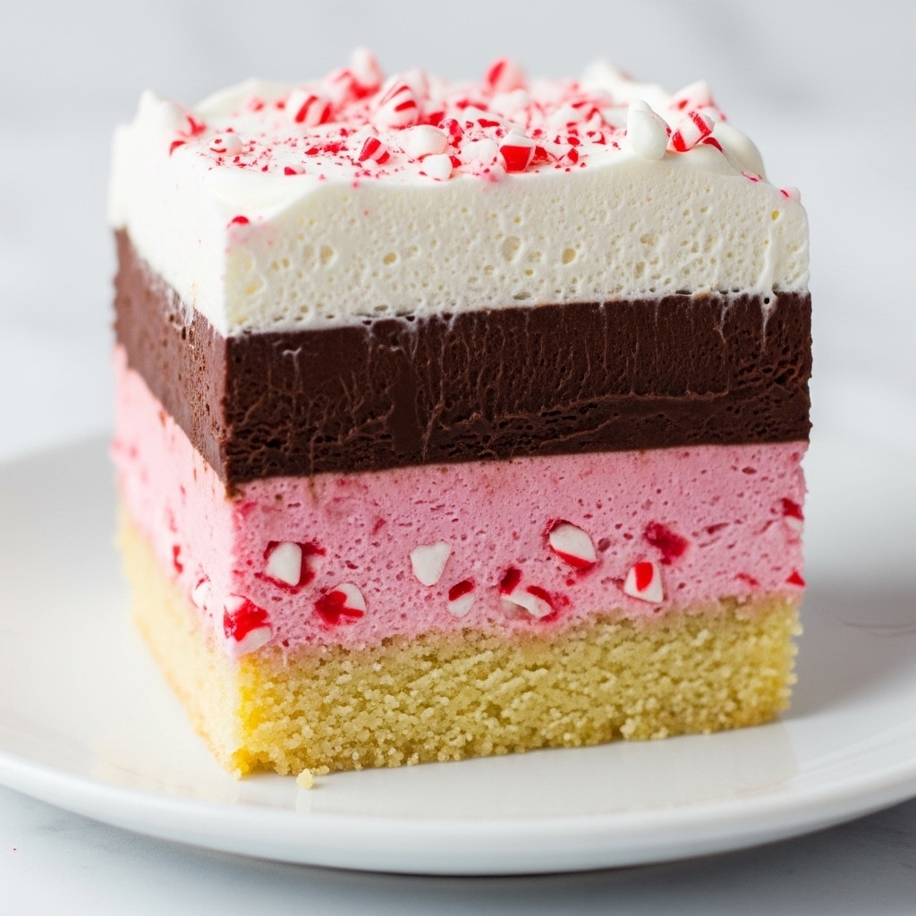 The image shows a square slice of a layered dessert on a white plate with a white marbled background. The dessert has four clear layers: a bottom crumbly pale yellow crust, followed by a pink layer with red peppermint bits embedded, then a thick dark chocolate layer, and a thick, fluffy white whipped cream topping sprinkled with crushed peppermint candies. The cake is neatly cut showing each layer distinctly, and there is a shiny texture on the chocolate layer and softness on the whipped cream top. Photo taken with an iphone --ar 4:5 --v 7