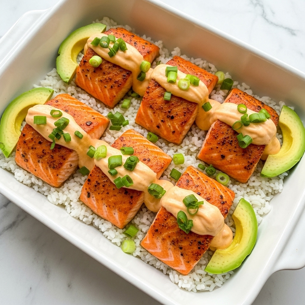 This dish shows a white baking dish filled with a layer of white sushi rice at the bottom, topped with several pieces of cooked orange salmon that have a slightly crispy texture. On top of the salmon, there is a drizzle of pale orange creamy sauce, sprinkled with chopped green herbs and green onions. Small slices of light green avocado sit at the edges of the salmon pieces. The surface the dish is on has a white marbled texture. photo taken with an iphone --ar 4:5 --v 7
