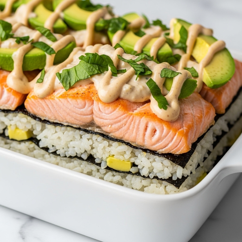 A close-up view of a white rectangular dish filled with a layered sushi bake. The bottom layer is sticky white rice spread evenly, topped with a dark seaweed layer barely visible under thick pieces of baked salmon with a light orange sear. On top of the salmon, there is a creamy light beige sauce drizzled, fresh green chopped herbs, and small slices of bright green avocado tucked on the side. The texture shows a mix of fluffy rice, tender salmon, and smooth sauce with herbs scattered on top. The dish sits on a white marbled surface. Photo taken with an iphone --ar 4:5 --v 7