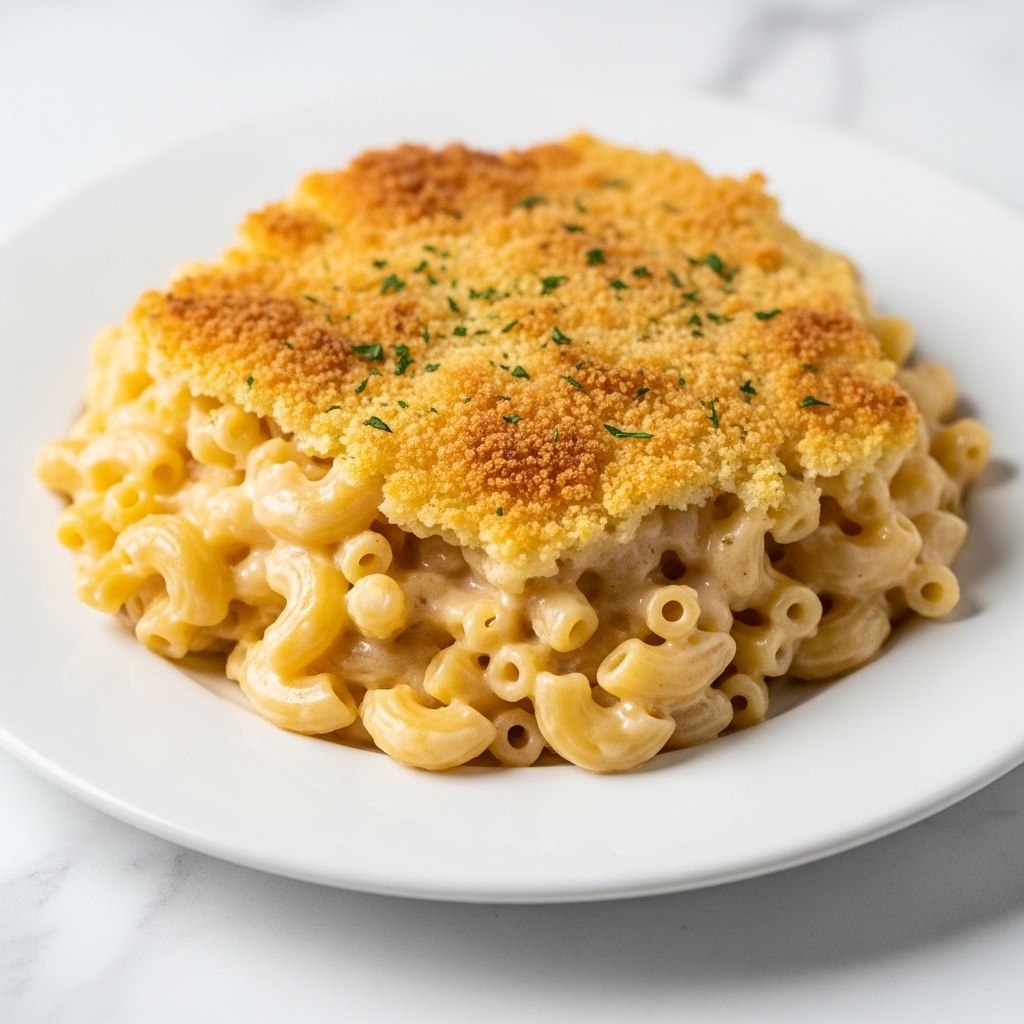 The image shows a white plate with a generous serving of baked macaroni and cheese. The top layer is golden brown and slightly crispy with small browned spots from baking. Underneath the crust is a thick, creamy layer of rich cheese sauce that covers small, elbow-shaped pasta. Some chopped herbs are sprinkled on top, adding a touch of green color. The plate rests on a white marbled surface. photo taken with an iphone --ar 4:5 --v 7