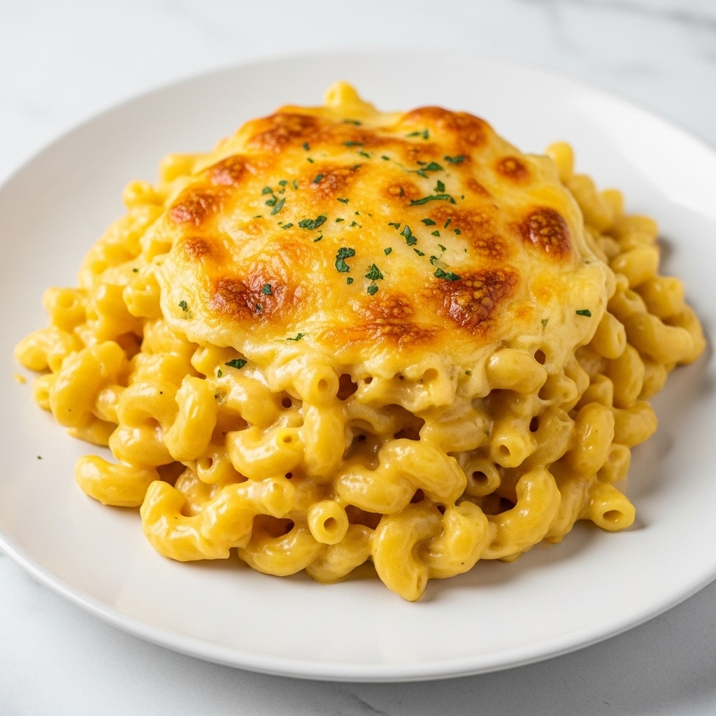 A creamy macaroni and cheese dish sits on a white plate with a white marbled surface underneath. The macaroni noodles are coated in a thick, smooth yellow cheese sauce with a golden-brown, bubbly layer of melted cheese on top, slightly crisped with some small browned spots. Small bits of green herbs are sprinkled on the top layer, adding a touch of color. The cheese topping looks rich and gooey, spreading evenly over the mound of pasta. Photo taken with an iphone --ar 4:5 --v 7