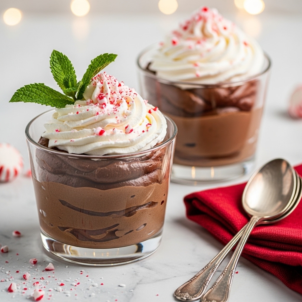 Two clear glass dessert cups each hold a thick, smooth layer of rich brown chocolate mousse filling most of the cups. On top, there is a fluffy white whipped cream swirl sprinkled with small pieces of red and white crushed peppermint candy. A fresh green mint leaf garnish stands out on the whipped cream of the front cup. The cups sit on a white marbled surface with scattered peppermint bits around them. Two old silver spoons rest on a folded red cloth nearby. The background is softly blurred with warm light spots. Photo taken with an iphone --ar 4:5 --v 7