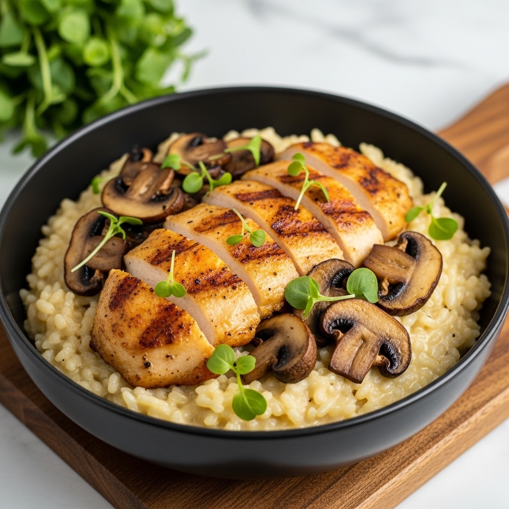 A black bowl filled with a creamy risotto base that is pale yellow and soft in texture, topped with golden-brown grilled chicken pieces that have a slightly crispy surface and grill marks, scattered with sliced brown mushrooms that look cooked and tender, all garnished with small fresh green herb sprigs. The bowl is placed on a wooden board with a blurred green herb bunch in the background on a white marbled surface. photo taken with an iphone --ar 4:5 --v 7