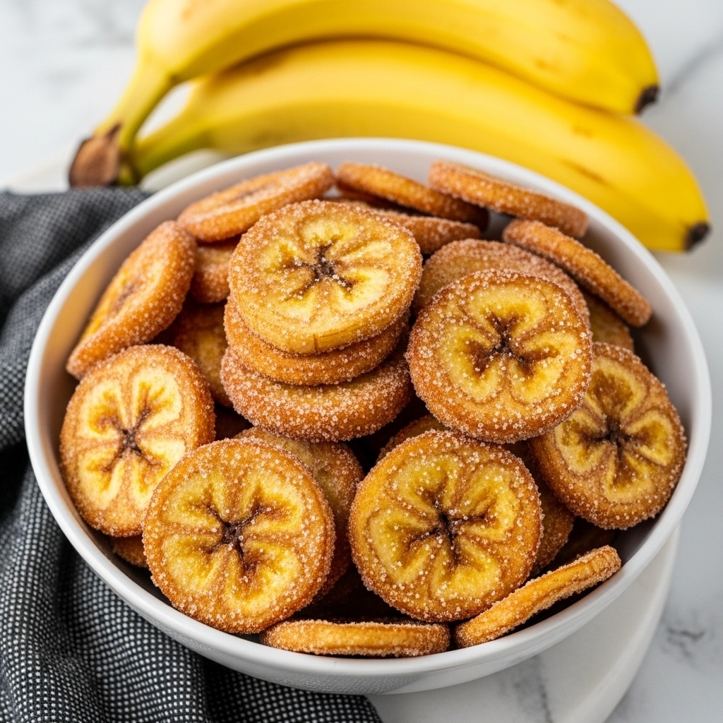 A white bowl filled with many small, round, golden-brown fried banana chips covered lightly in sugar powder. Each chip has a crispy texture with slightly darker edges, and they are stacked in a way that shows a mix of both flat and slightly curled shapes. In the background, there are two whole ripe bananas that add a bright yellow contrast to the scene. The bowl sits on a white marbled surface with a dark textured cloth partially underneath, enhancing the warm colors of the banana chips. photo taken with an iphone --ar 4:5 --v 7
