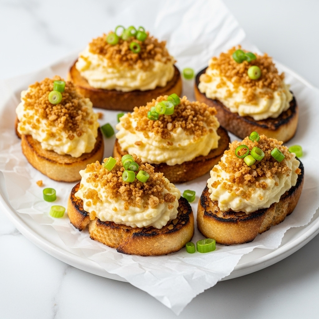 Five small toasted bread slices are placed on white parchment paper on a round plate. Each bread slice has three layers: the base is a golden, crispy toasted bread with a slightly rough texture; the middle is a thick, creamy yellow spread with visible spices mixed in; the top layer is crispy fried golden-brown pieces, sprinkled with bright green chopped scallions. Scattered green scallions are also around the bread pieces on the parchment. The background shows a soft, white marbled texture. photo taken with an iphone --ar 4:5 --v 7