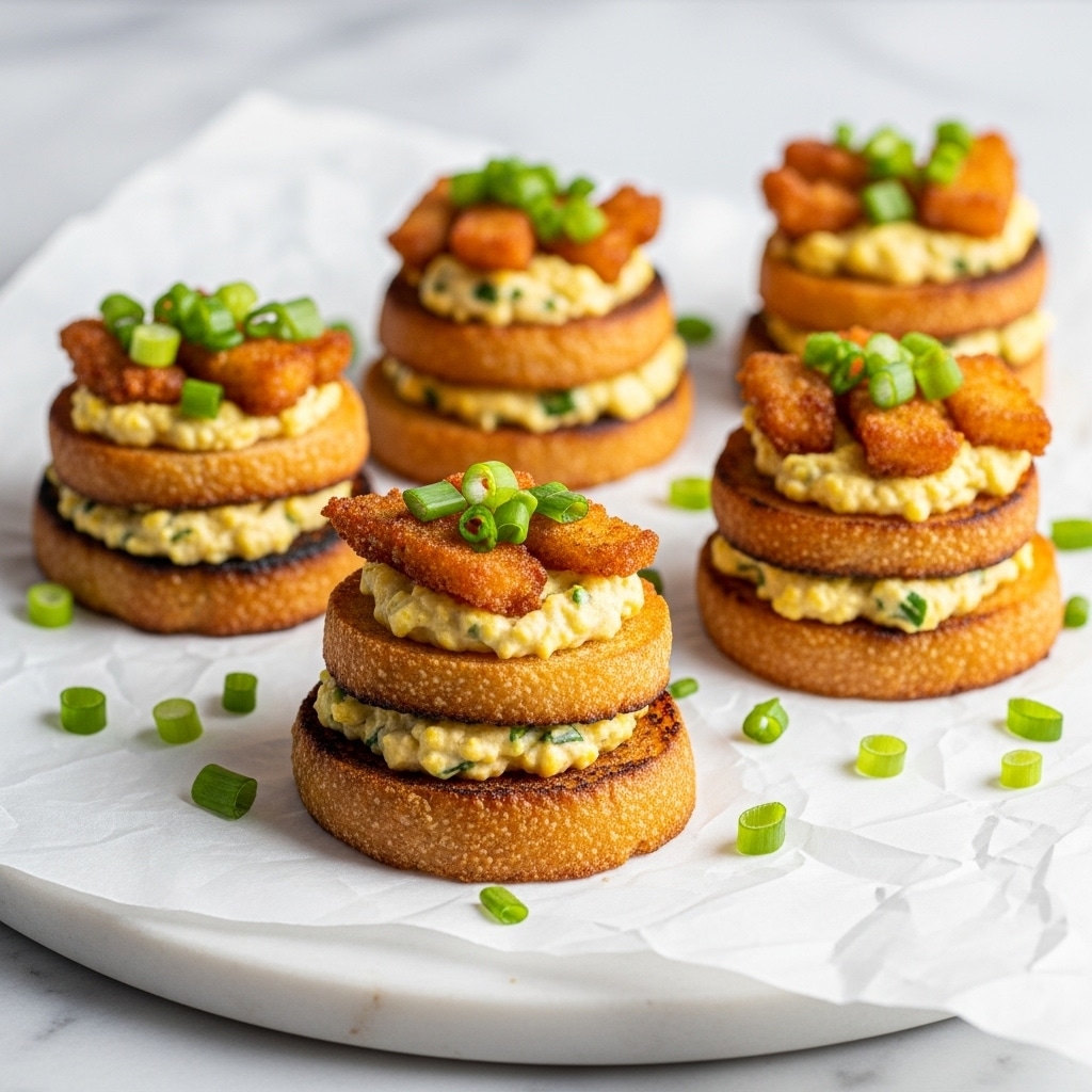 Five small toasted slices of bread with a crispy brown crust are placed on a white plate lined with white parchment paper, set on a white marbled texture. Each slice is topped with a fluffy, creamy pale yellow spread that looks smooth and thick. On top of the spread is a layer of golden-brown crispy crumbs, which add texture. Small pieces of bright green chopped scallions are sprinkled over everything, adding color contrast and freshness. The image is detailed and close, showing the texture of each layer clearly. Photo taken with an iphone --ar 4:5 --v 7