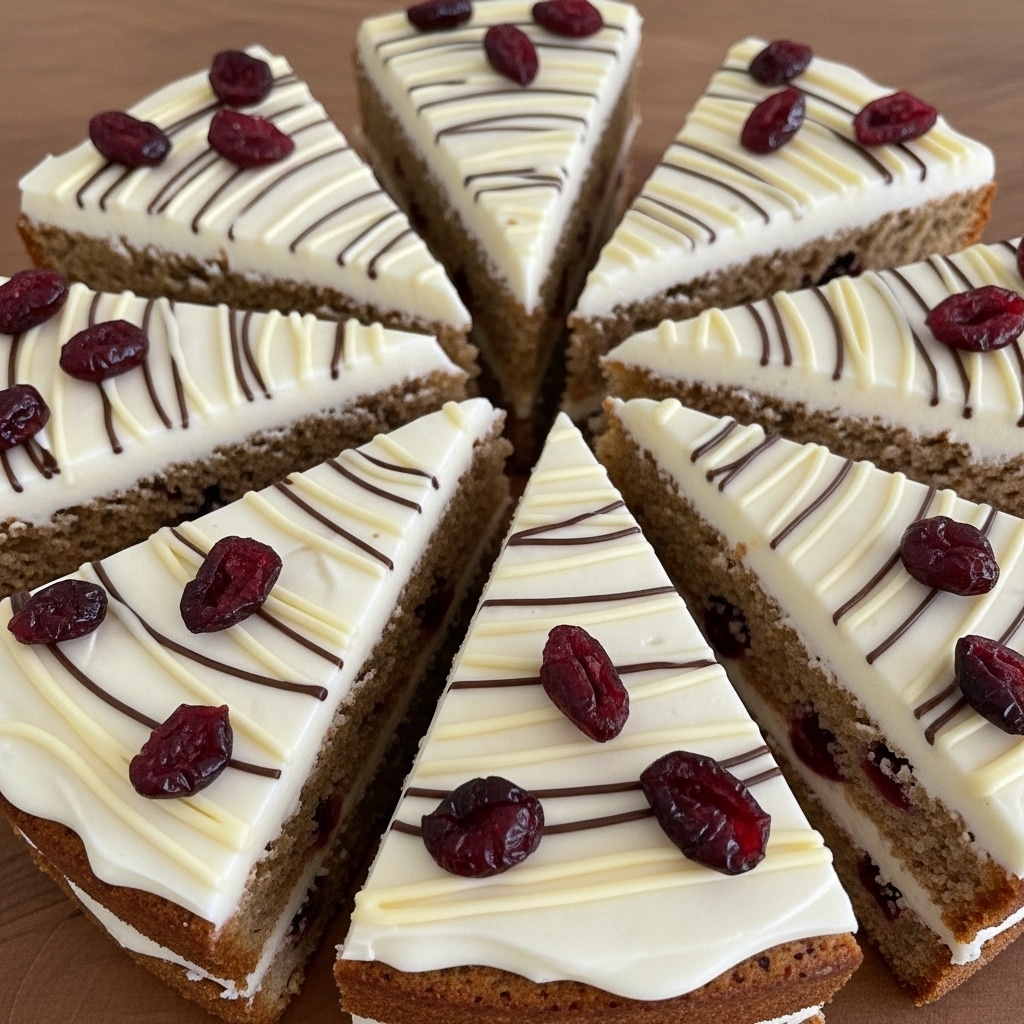 This image shows several triangular cake slices arranged in a circle, each slice having two layers. The bottom layer is a light brown cake studded with visible red cranberries inside, while the top layer is thick white frosting with a smooth texture. The frosting is decorated with several whole dried cranberries and thin white icing drizzled in a zigzag pattern. The slices are placed on a wooden surface. Photo taken with an iphone --ar 4:5 --v 7