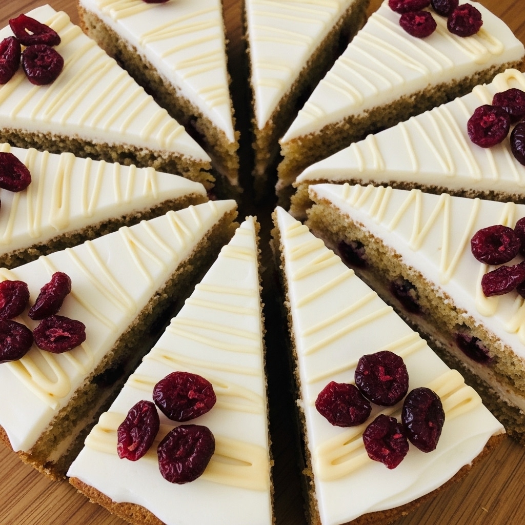 A close-up view of a multi-slice dessert arranged on a white marbled surface, each slice showing two main layers: a thick, light brown cake base with visible red berry bits inside, topped with a smooth white frosting layer. The frosting is decorated with small red berry pieces scattered evenly on top, along with thin white drizzle lines running diagonally across each slice. The slices are neatly cut in triangular shapes and placed close together in a circular pattern. photo taken with an iphone --ar 4:5 --v 7
