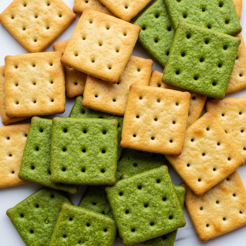 A close-up image showing a pile of square crackers with small holes on top of a white marbled surface. The crackers have two main types: one set is light golden brown and crispy, while the other set is a vibrant green with a textured pattern. Both types are stacked together unevenly, filling the frame with a mix of smooth and slightly rough surfaces. photo taken with an iphone --ar 4:5 --v 7