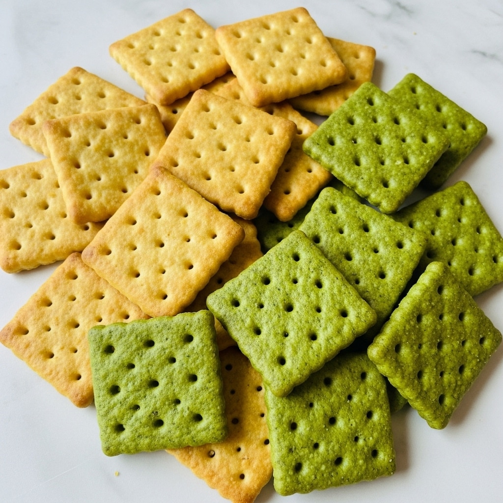 The image shows a pile of square crackers with two different colors and textures layered randomly. One type of cracker is green with a slightly rough, crumbly surface and visible small holes, while the other type is light golden brown with a smooth texture and a few tiny holes, both having tiny visible salt grains on top. The crackers are stacked closely on a white marbled surface, creating a colorful and textured mix. Photo taken with an iphone --ar 4:5 --v 7