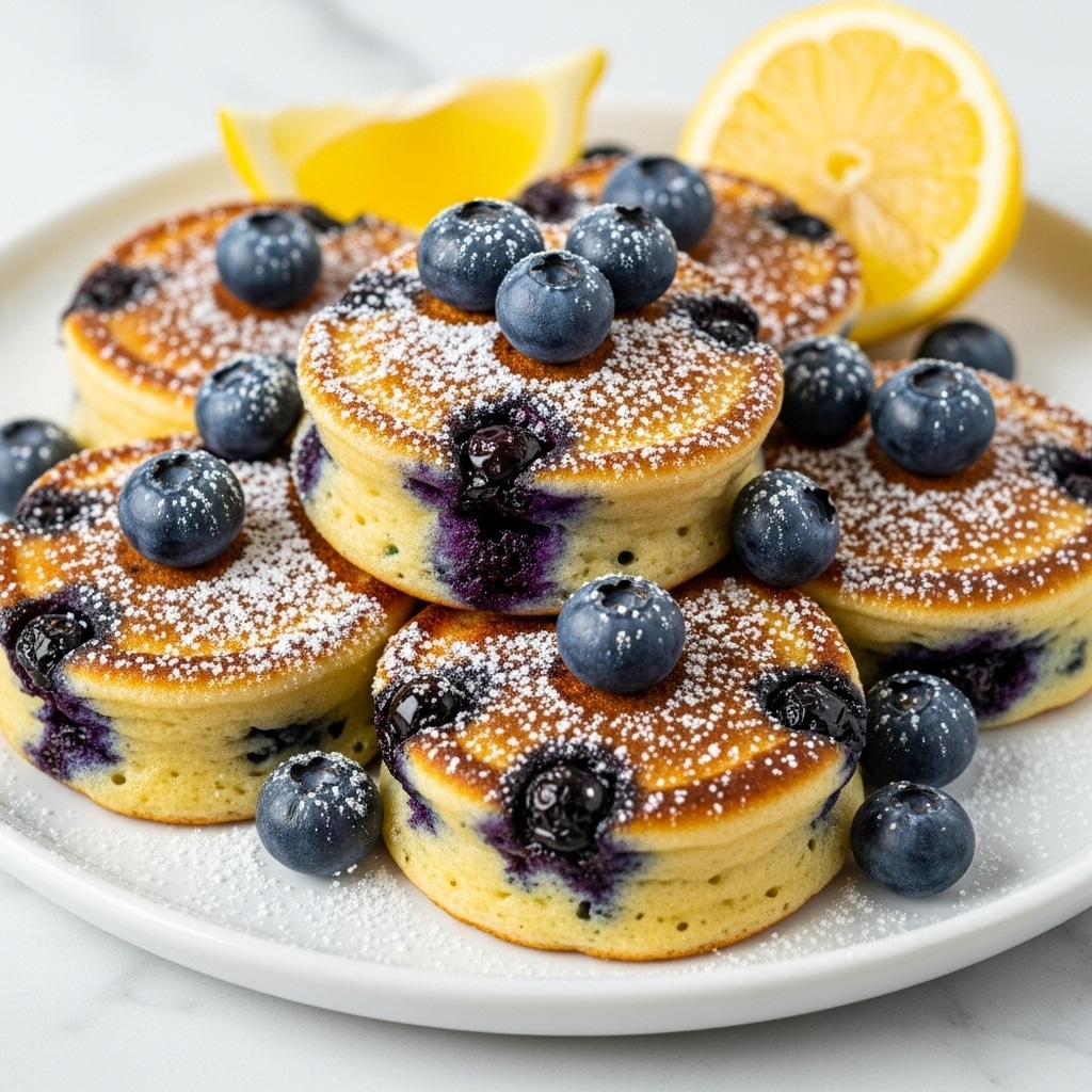 Seven small, thick blueberry pancakes are stacked closely on a white plate, each pancake showing a soft, golden brown top with a slightly crispy texture and embedded blueberries that have burst a little, creating purple spots. The edges are light yellow and fluffy with a spongy texture. Fresh, plump blueberries are scattered on and around the pancakes, lightly dusted with powdered sugar. A bright yellow lemon wedge is placed at the back right side of the plate. The whole dish sits on a white marbled surface. Photo taken with an iphone --ar 4:5 --v 7