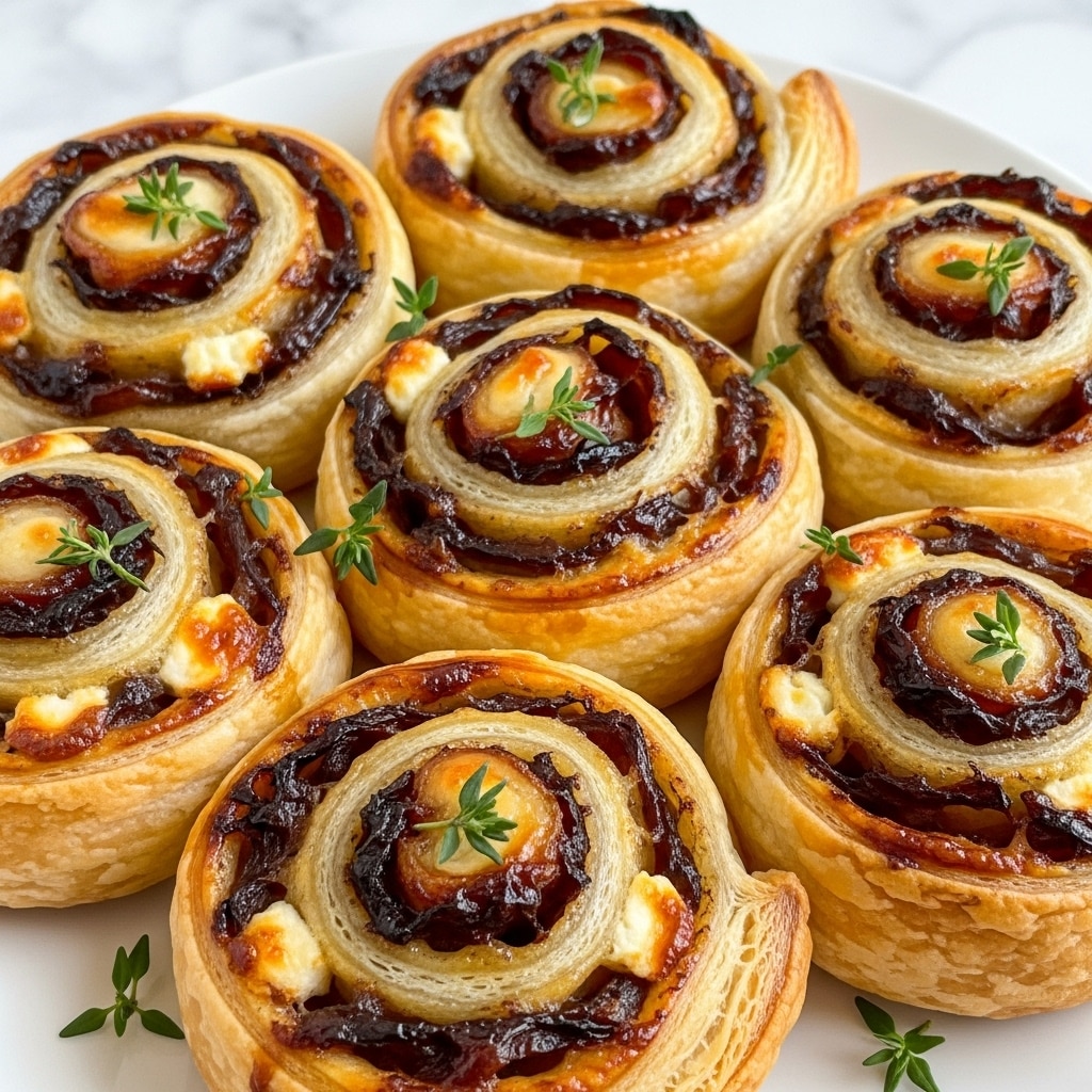 A close-up of a group of six golden-brown puff pastry swirls arranged closely on a white plate, each swirl showing multiple flaky layers with a shiny, caramelized glaze on top. Inside the spirals are rich, dark brown caramelized onions mixed with a creamy white cheese, giving a soft contrast to the crisp pastry. Small, fresh green thyme sprigs garnish each swirl, adding a touch of natural color. The swirls have a textured, flaky puff pastry base, with a slightly glossy finish from the baked caramelized topping. The background shows a white marbled surface softly blurred. photo taken with an iphone --ar 4:5 --v 7