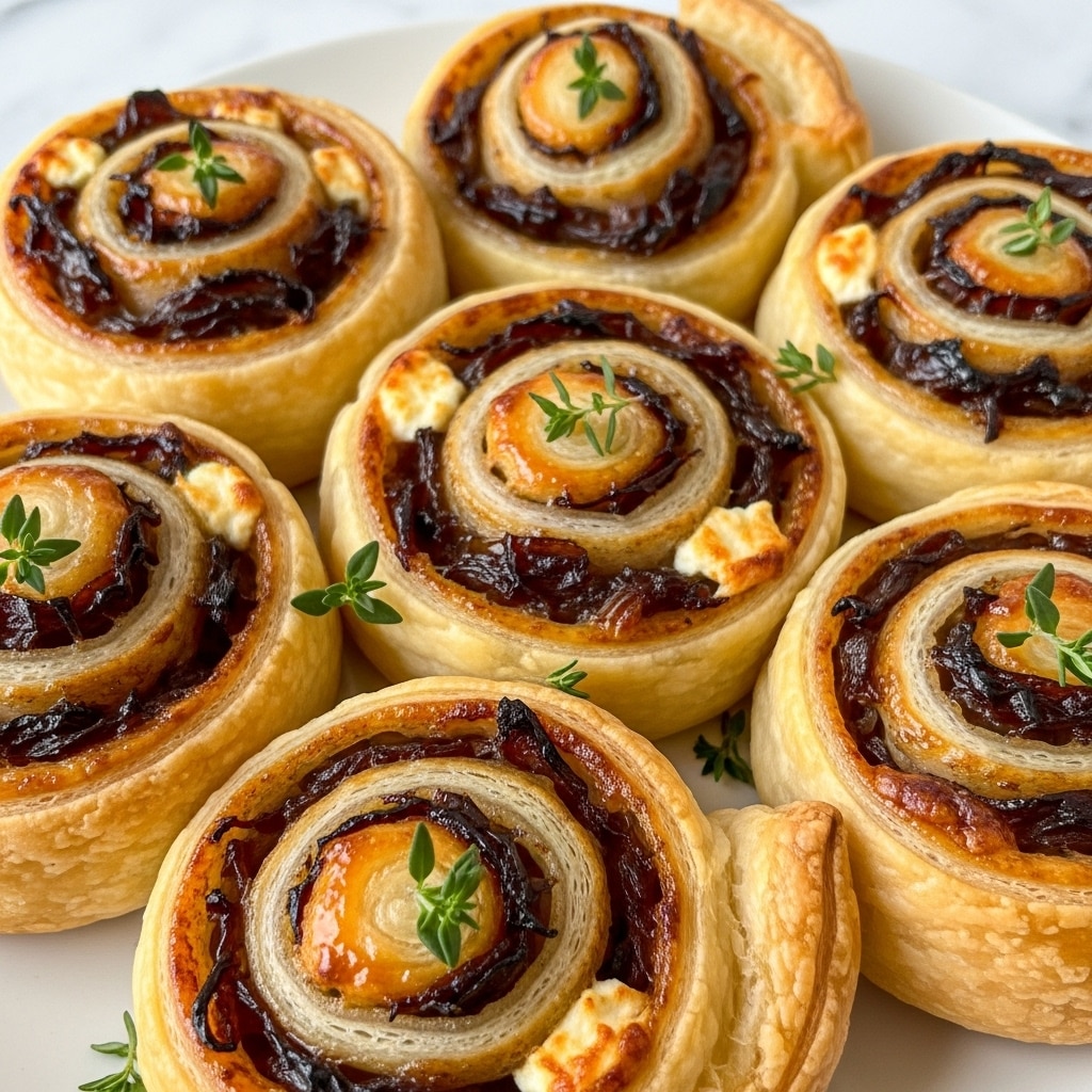 The image shows a close-up of seven golden-brown puff pastry pinwheels arranged closely on a white plate. Each pinwheel has a flaky, layered crust that spirals inward, filled with a dark caramelized onion mixture and creamy white cheese visible in some parts. The top of each pinwheel is garnished with small fresh green thyme sprigs that add a pop of color. The textures range from crispy and flaky on the outside to soft and gooey in the filling, with a glossy finish from the caramelized onions. The white plate sits on a white marbled surface. photo taken with an iphone --ar 4:5 --v 7