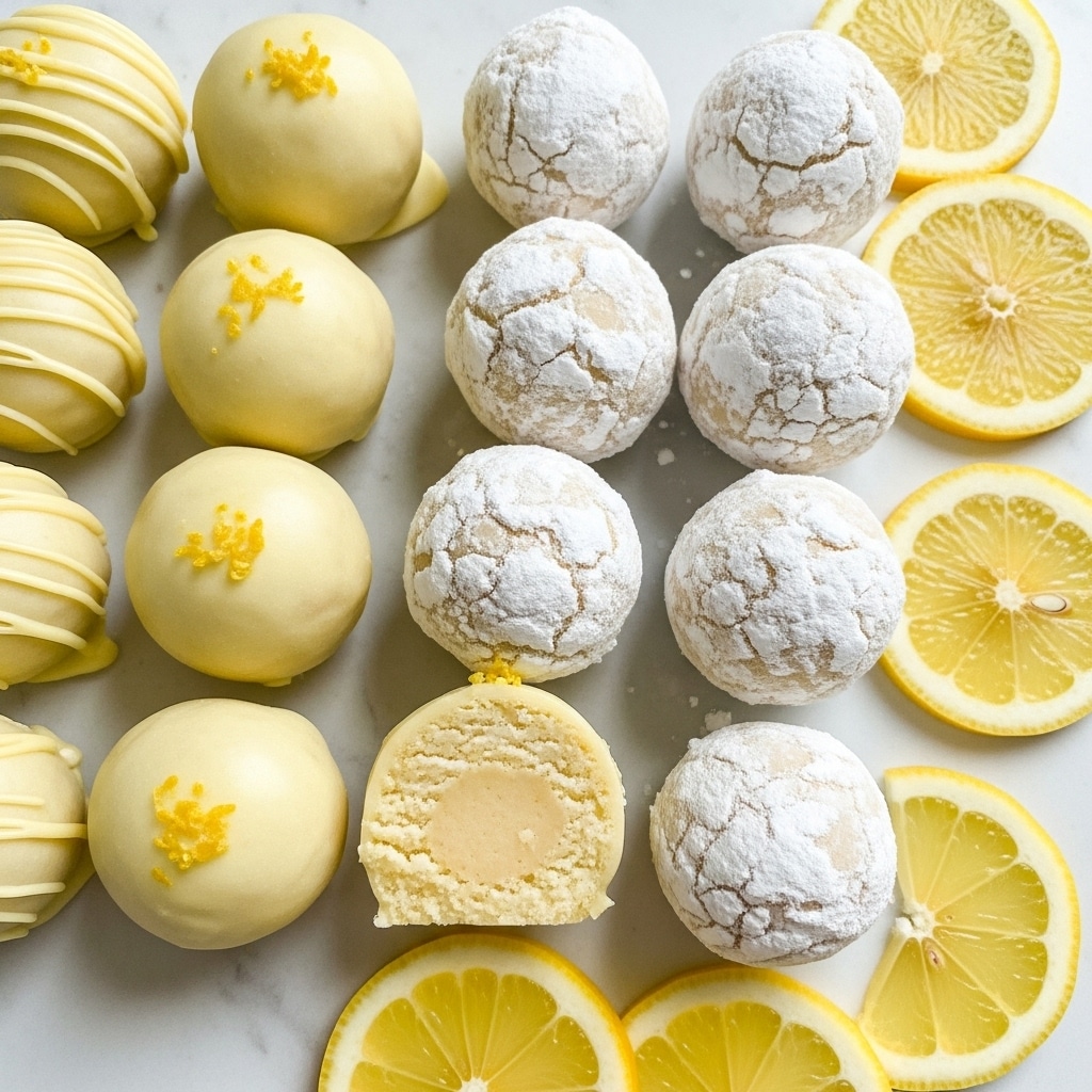 The image shows small round lemon-flavored treats arranged on a white marbled surface. There are two types of treats: some covered in smooth light yellow icing, and others coated in white powdered sugar with a slightly cracked texture. One treat is cut in half, revealing a soft, creamy, pale yellow inside with a smooth but slightly crumbly texture. Around the treats are thin slices of bright yellow lemon with visible pulp and rind, adding fresh color to the scene. The arrangement is neat and close together. photo taken with an iphone --ar 4:5 --v 7