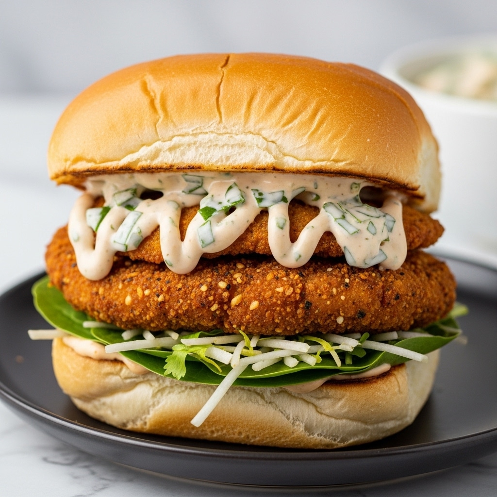 A close-up view of a sandwich with three visible layers, starting at the bottom with a soft white sub roll slice slightly toasted, topped by a crispy, golden brown fried patty full of texture and seasoning, then a green leafy vegetable mix with thin, white shredded pieces, all drizzled with a creamy light beige sauce with green herbs on top, covered by the top half of the soft white sub roll with a golden, slightly shiny crust, placed on a dark plate with a blurred white bowl in the background on a white marbled surface photo taken with an iphone --ar 4:5 --v 7