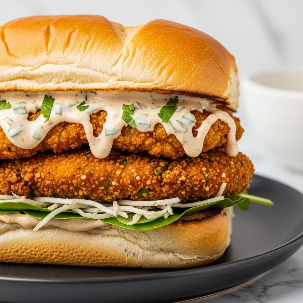 A sandwich on a white bun with a shiny, golden-brown crust, filled with a thick, crispy fried chicken patty that is dark golden and textured, topped with a layer of fresh green leafy vegetables mixed with shredded white cabbage. Creamy, light beige sauce with green herb flecks is drizzled over the vegetables and chicken, with some sauce dripping onto the bottom bun. The sandwich sits on a dark plate with a white marbled surface underneath, and a blurred white bowl with green and white contents is in the background. Photo taken with an iphone --ar 4:5 --v 7