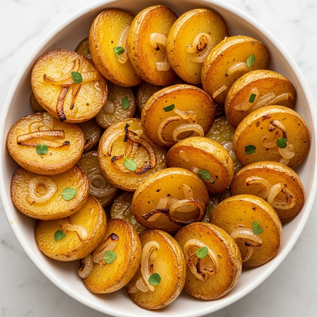 A white bowl filled with roasted potato halves stacked in multiple layers, each potato piece showing golden brown, crisped skins with a soft, pale yellow interior. The potatoes are lightly speckled with herbs and seasoning, with small pieces of caramelized onions scattered throughout. Tiny green sprigs of fresh thyme are visible on top, adding a touch of vibrant color and texture to the warm, inviting dish. The bowl is set against a white marbled texture. photo taken with an iphone --ar 4:5 --v 7