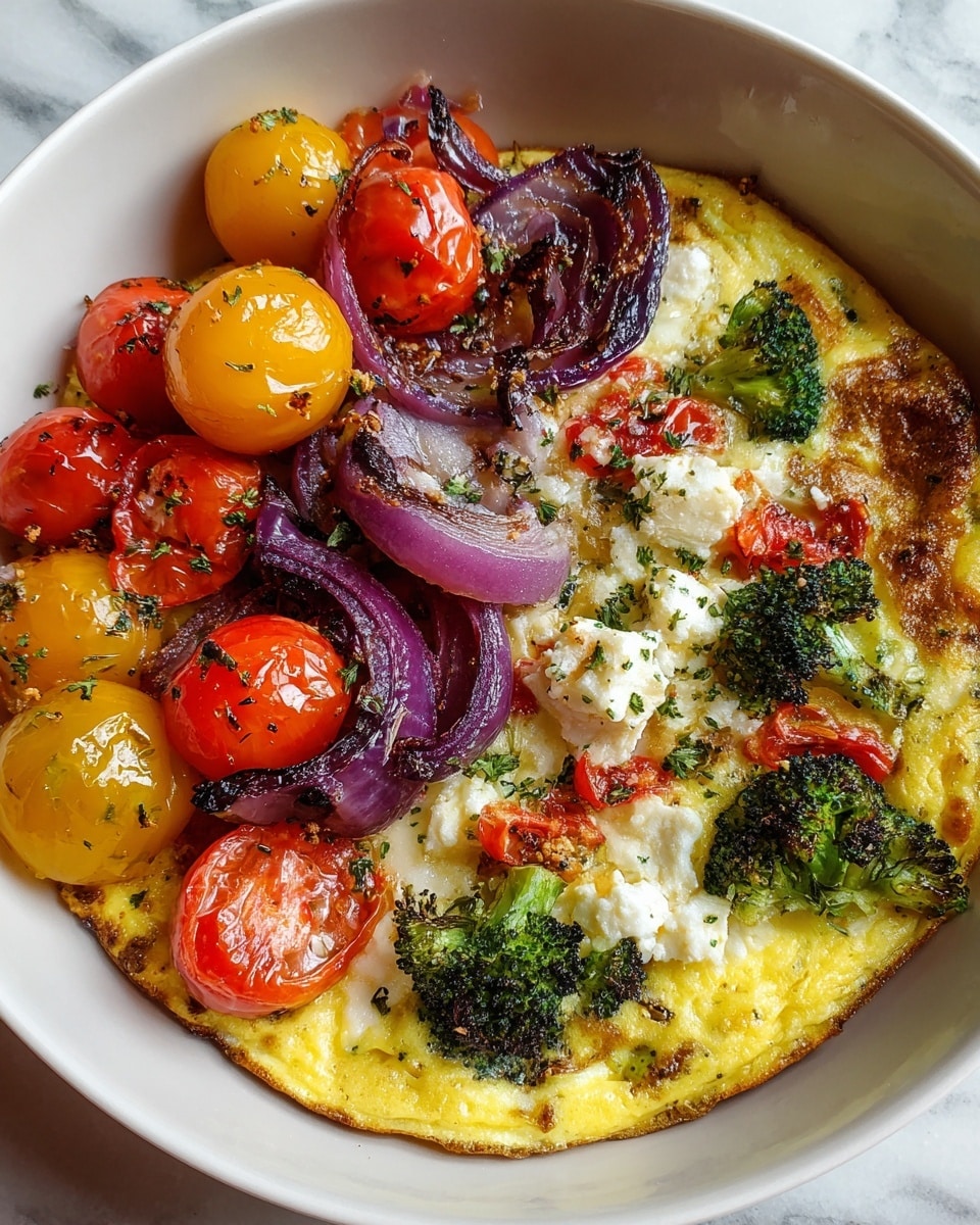 The image shows a close-up of a white bowl holding a colorful vegetable frittata and a roasted tomato salad. The frittata has a base of golden yellow egg with visible pieces of green broccoli, small slices of zucchini, and white crumbled cheese with browned spots on top, giving a lightly crispy texture. Bright red roasted cherry tomatoes and small pieces of red onion are mixed within the frittata. On one side of the bowl, there is a small heap of roasted cherry tomatoes in red and yellow, glistening with oil and seasoned with herbs, topped with a few slices of soft, slightly charred purple onion. The bowl sits on a white marbled surface, and the scene is lit naturally showing fine details and textures. Photo taken with an iphone --ar 4:5 --v 7