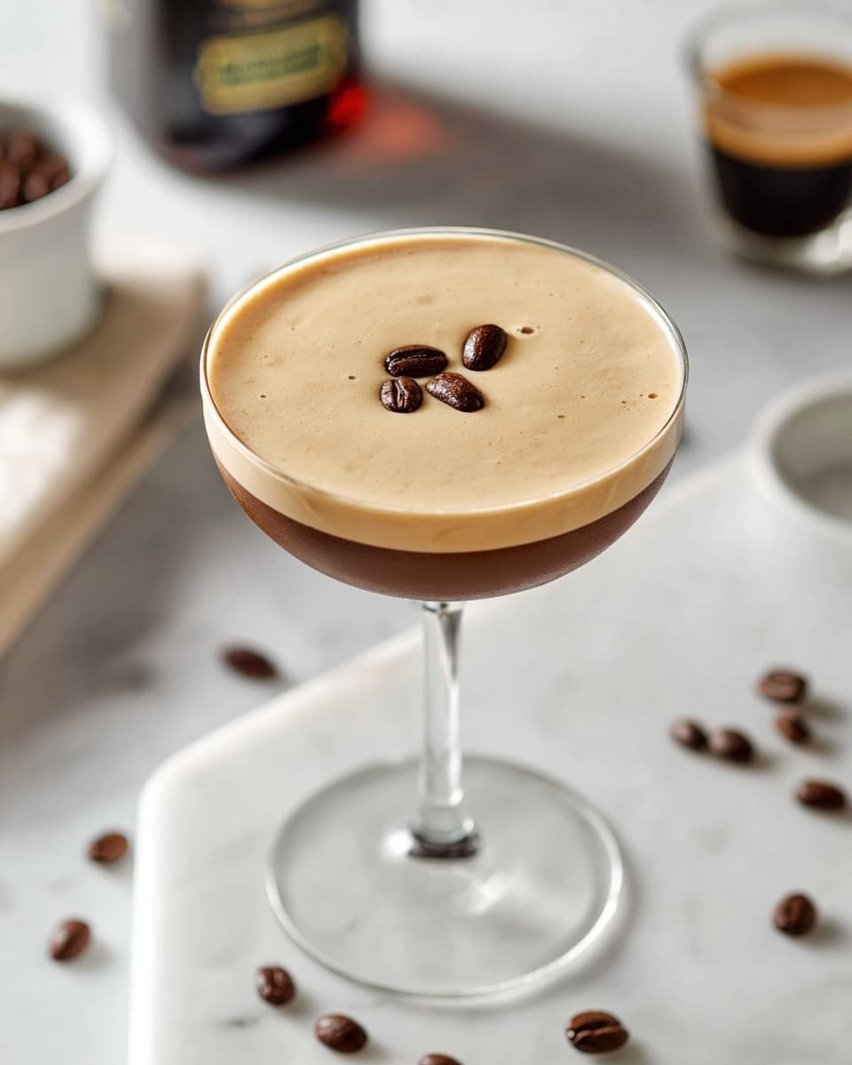 A clear glass coupe holds a creamy espresso martini with two layers: the bottom dark brown coffee layer and the top light brown frothy layer, smooth and soft, topped with four shiny dark coffee beans arranged in the center. The glass stands on a white marbled surface, with coffee beans scattered around. In the background, there is a shot of dark rich espresso in a small white cup and part of a coffee liqueur bottle. Photo taken with an iphone --ar 4:5 --v 7