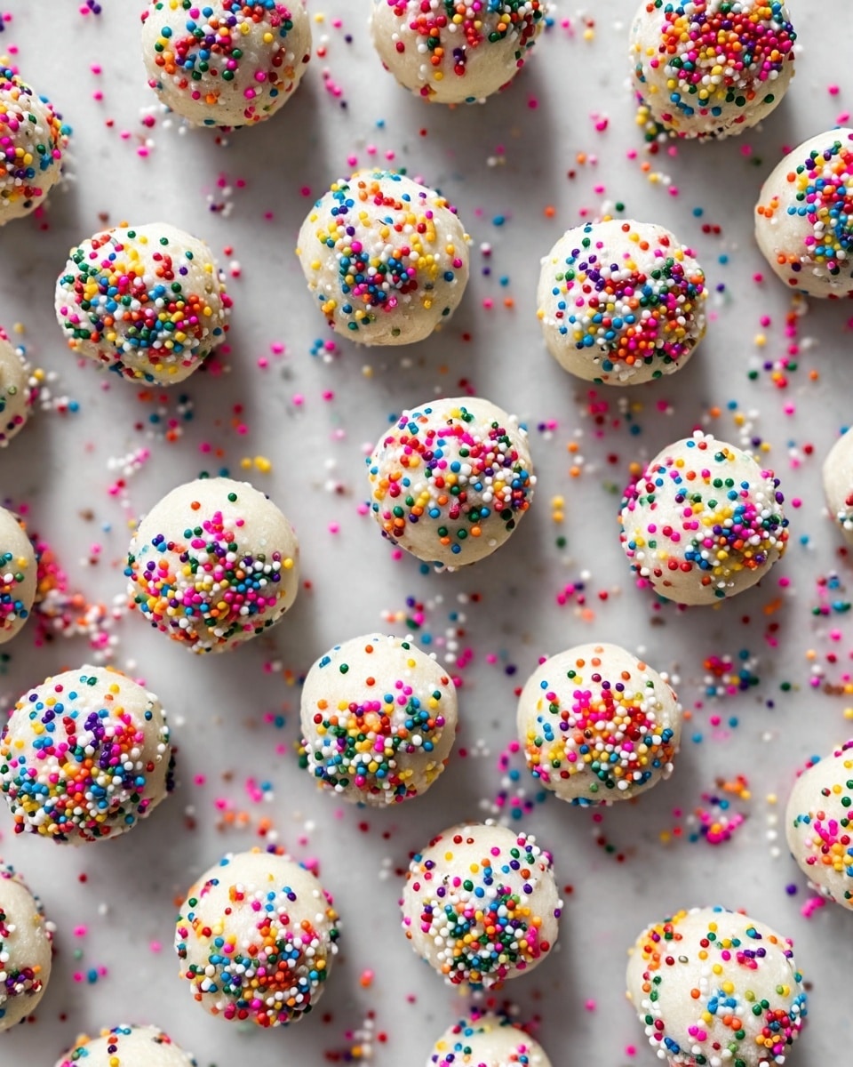 The image shows many small round balls covered in white sugar with colorful sprinkles on the outside. Each ball is smooth, coated evenly with tiny, bright sprinkles in red, green, blue, yellow, pink, purple, and orange. The balls are placed on a white marbled surface scattered in even rows with some sprinkles loose around them. The texture of the balls looks soft and slightly grainy underneath the sprinkles. photo taken with an iphone --ar 4:5 --v 7