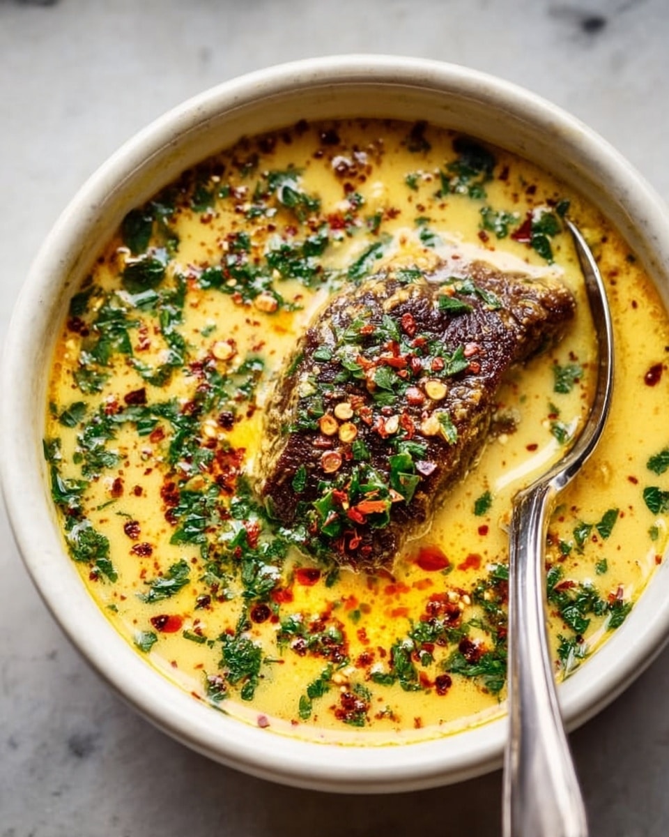 A white bowl filled with a thick, creamy yellow sauce, topped with finely chopped green herbs and small red chili flakes. In the center, there is a browned, seared piece of meat partially submerged in the sauce, showing a slightly crispy texture. A silver spoon rests on the right edge inside the bowl. The bowl is placed on a white marbled surface, with some herbs and chili flakes scattered around. photo taken with an iphone --ar 4:5 --v 7