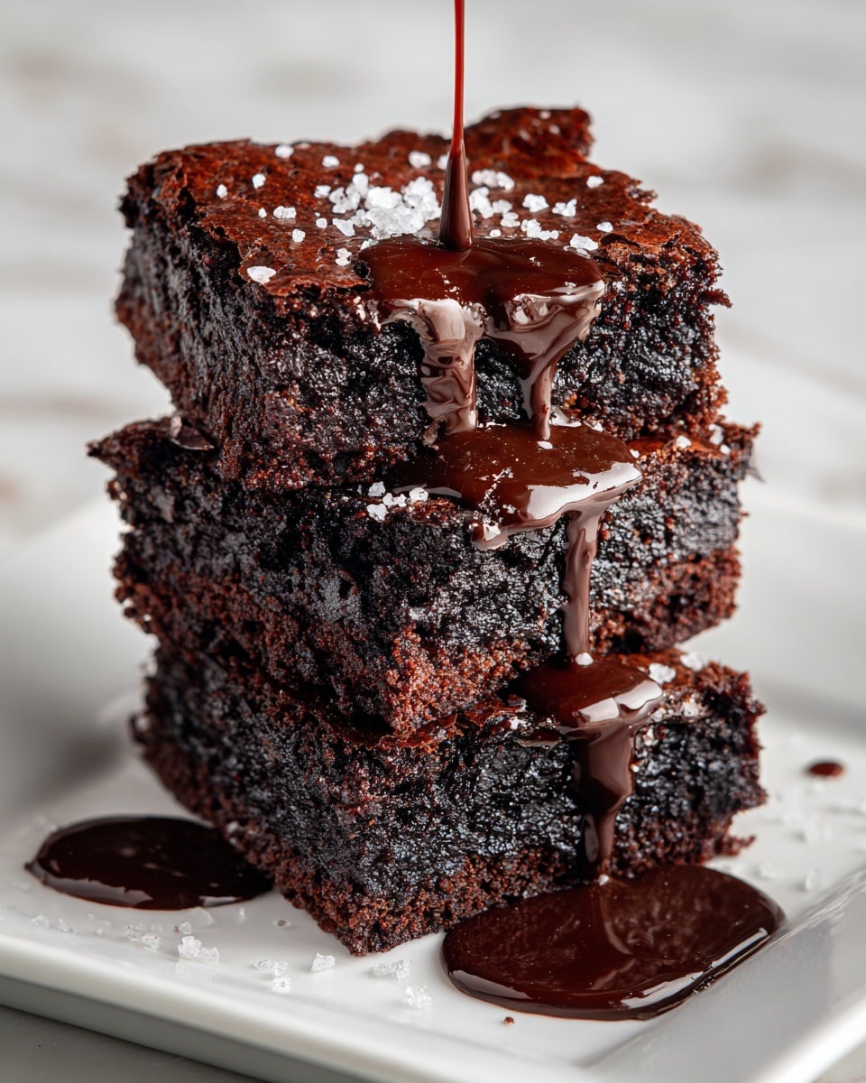 A stack of three thick, rich chocolate brownies is placed in the center of a white square plate. Each brownie has a dark, moist texture with a slightly crumbly surface. Glossy chocolate sauce is generously drizzled over the top brownie, dripping down the sides and pooling slightly on the plate. The background is a soft pink color, and the white marbled surface beneath the plate adds a clean, elegant touch. photo taken with an iphone --ar 4:5 --v 7