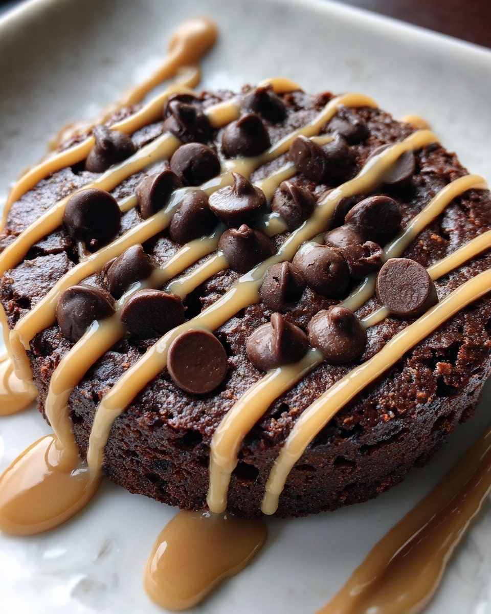 The image shows two views of a rich, dark chocolate brownie topped with glossy peanut butter drizzle and scattered dark chocolate chips. The first view is a close-up of a whole round brownie on a white plate, highlighting the thick, moist texture and chunky chocolate chips in two rows near the center. The peanut butter drizzle forms smooth, thick lines across the top in a zigzag pattern. The second view shows a thick square piece of the same brownie inside a white bowl, where the peanut butter drizzle flows down the edges, pooling slightly at the bottom, and chocolate chips sit on top. Both the brownie’s deep chocolate browns and peanut butter’s creamy, light caramel color contrast sharply with the white dish and the white marbled surface. photo taken with an iphone --ar 4:5 --v 7