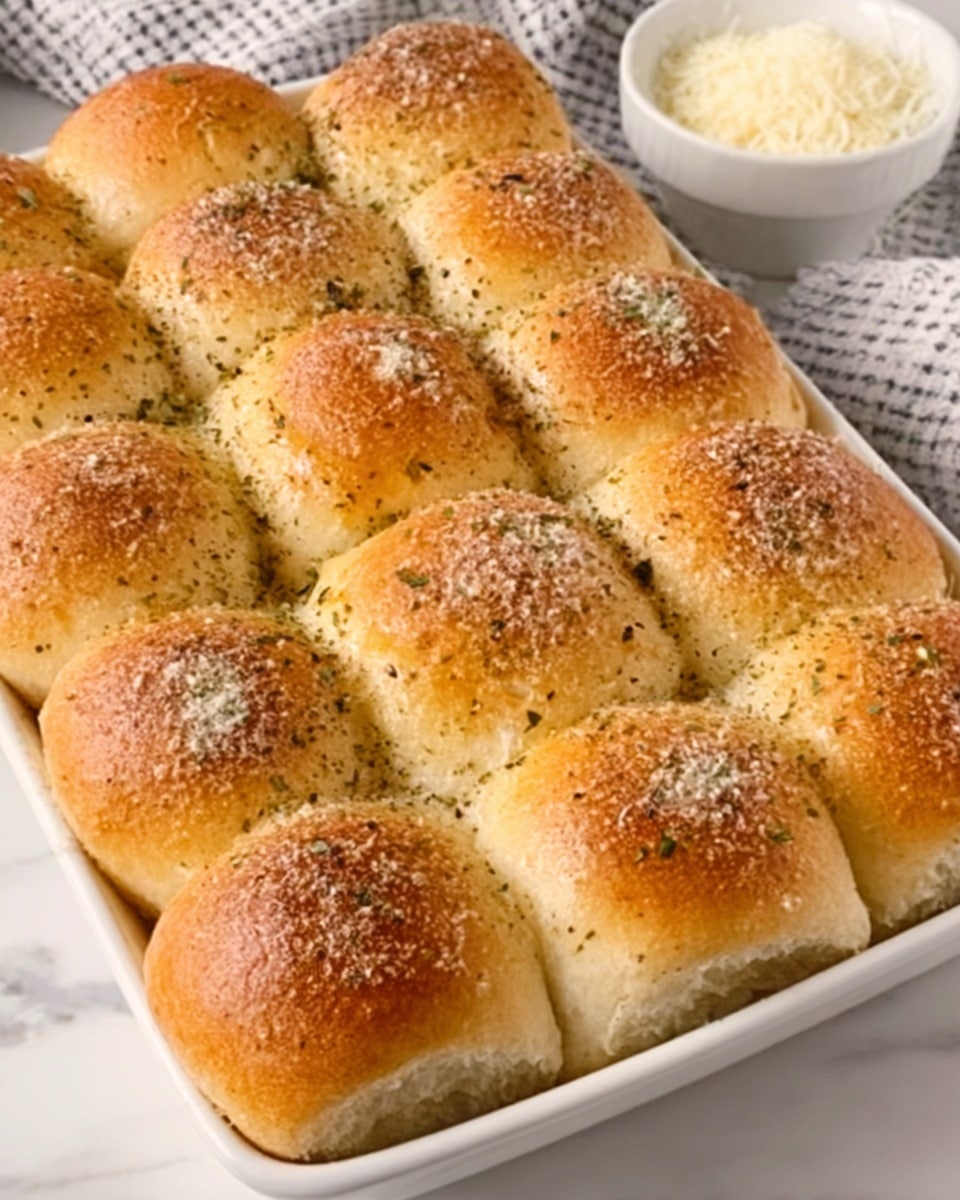 The image shows a rectangular white ceramic dish filled with 12 soft dinner rolls arranged in a 3x4 grid. Each roll is golden brown on top, with a slightly shiny, buttery glaze and a light dusting of finely grated Parmesan cheese and herbs. The rolls appear fluffy and pillowy with a slightly cracked texture on the surface. The dish is placed on a white marbled surface with a blurred background that includes a small white bowl containing more grated cheese and a checkered cloth. Photo taken with an iphone --ar 4:5 --v 7