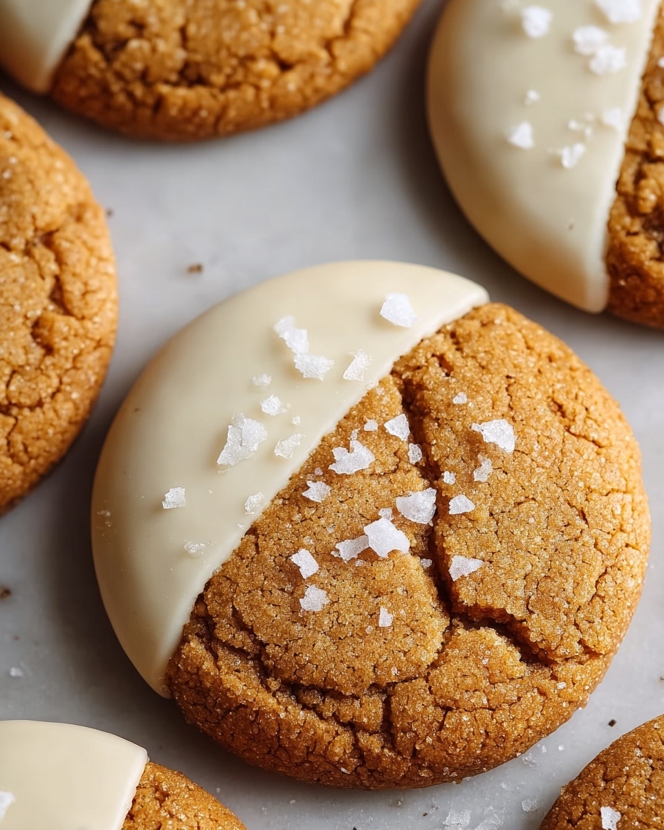 The image shows several round cookies placed on a white marbled surface. Each cookie has two distinct layers: one half has a rough, golden brown textured cookie base with slight cracks, while the other half is smoothly dipped in creamy white chocolate with a shiny finish. Small white salt flakes are sprinkled on both halves, adding texture contrast. The cookies are arranged close to each other but not overlapping, creating a neat, appetizing look. photo taken with an iphone --ar 4:5 --v 7