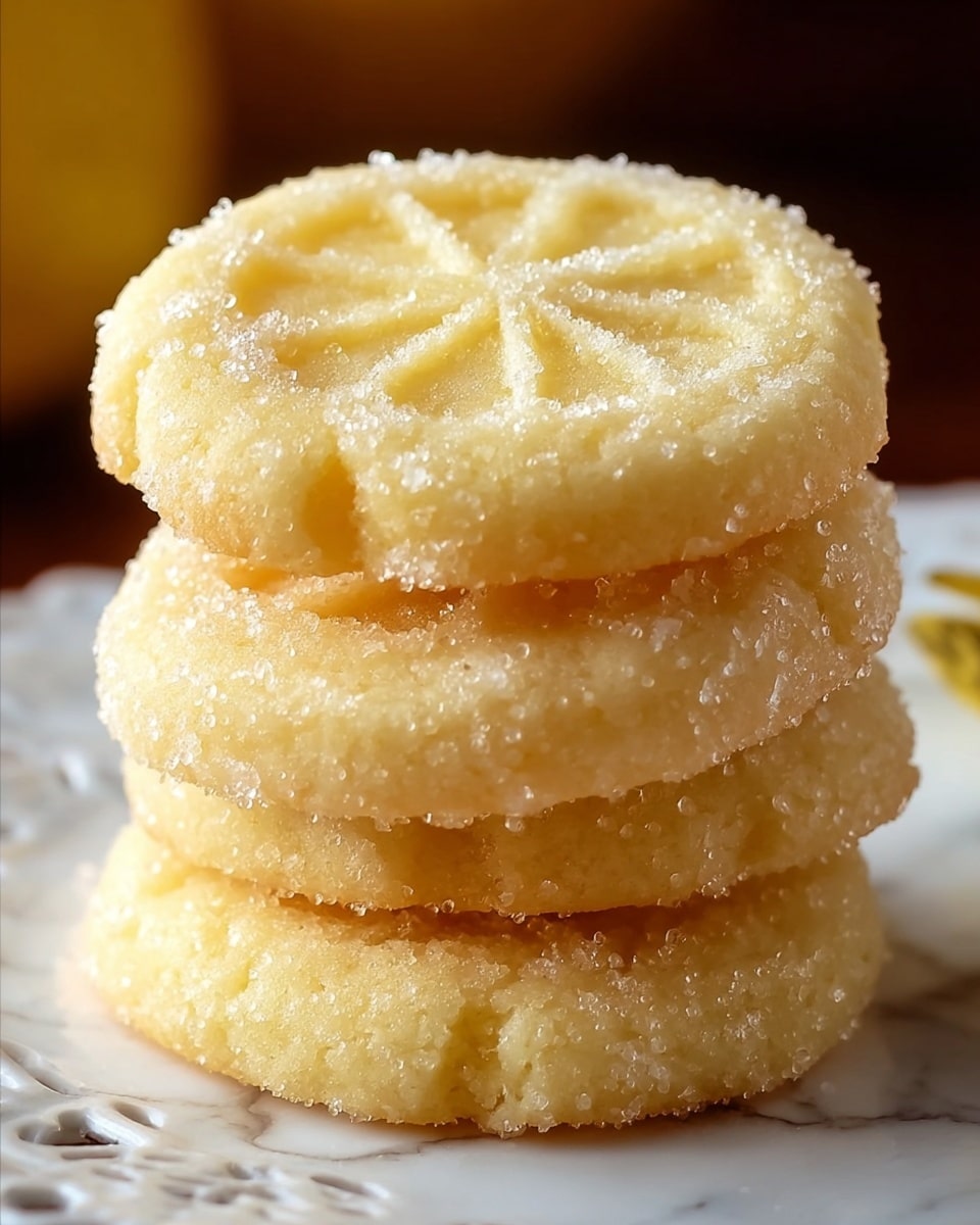 A close-up of a stack of three yellow lemon cookies, each with a sugar-coated surface giving a sparkling texture, the top cookie showing a pressed pattern resembling a lemon slice with clear segments, the cookies are thick with a soft, crumbly texture visible on the sides and bottom edges, all resting on a white plate with a slightly blurred white marbled texture in the background, photo taken with an iphone --ar 4:5 --v 7