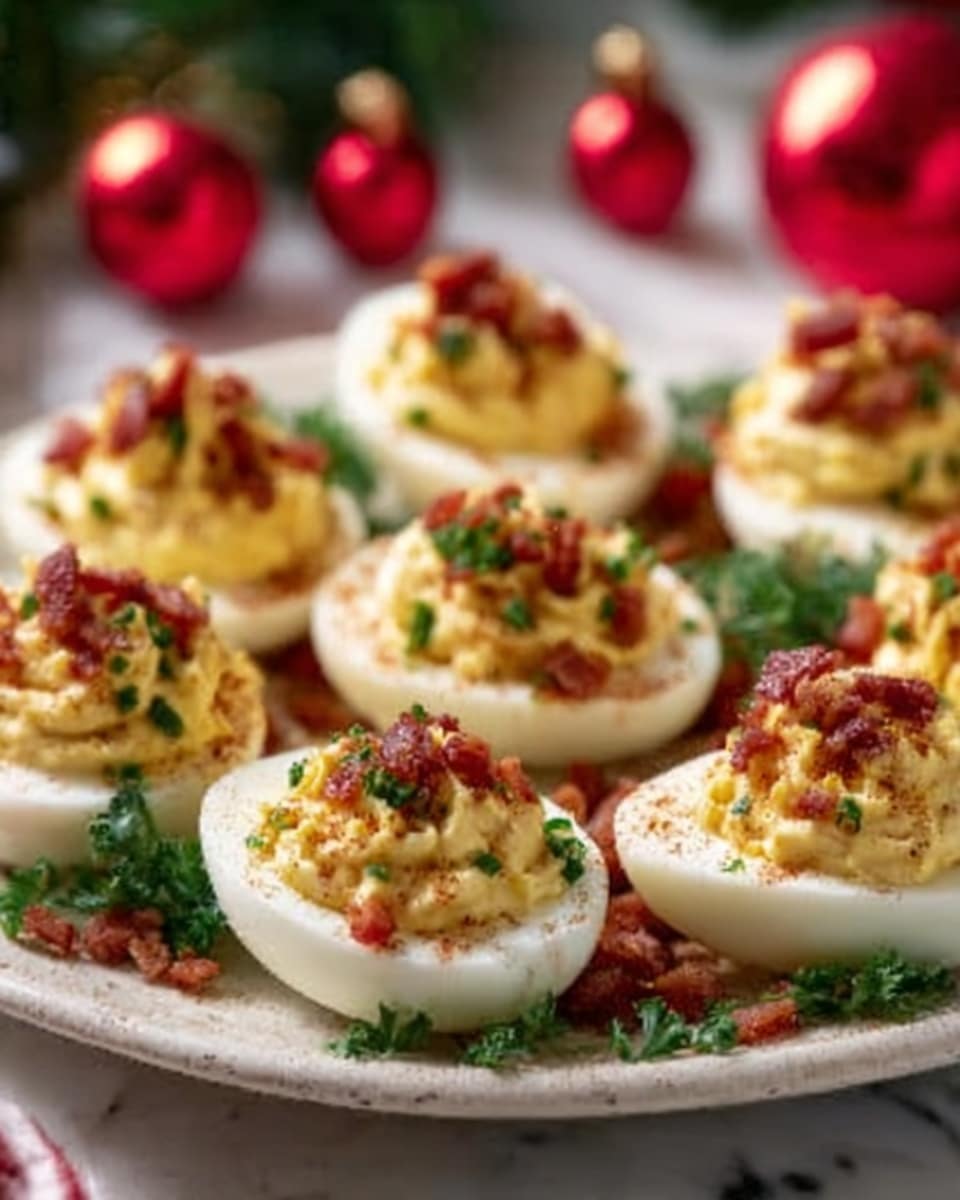 A white plate arranged with six deviled eggs, each cut in half with bright yellow, creamy yolk filling on top, garnished with small pieces of crispy bacon and finely chopped green herbs. The eggs have smooth white outer edges, and the filling looks fluffy with a slightly textured surface from the bacon bits. Some sprigs of fresh green parsley decorate the plate around the eggs. The background is a white marbled surface with hints of blurred red and green Christmas decorations. Photo taken with an iphone --ar 4:5 --v 7