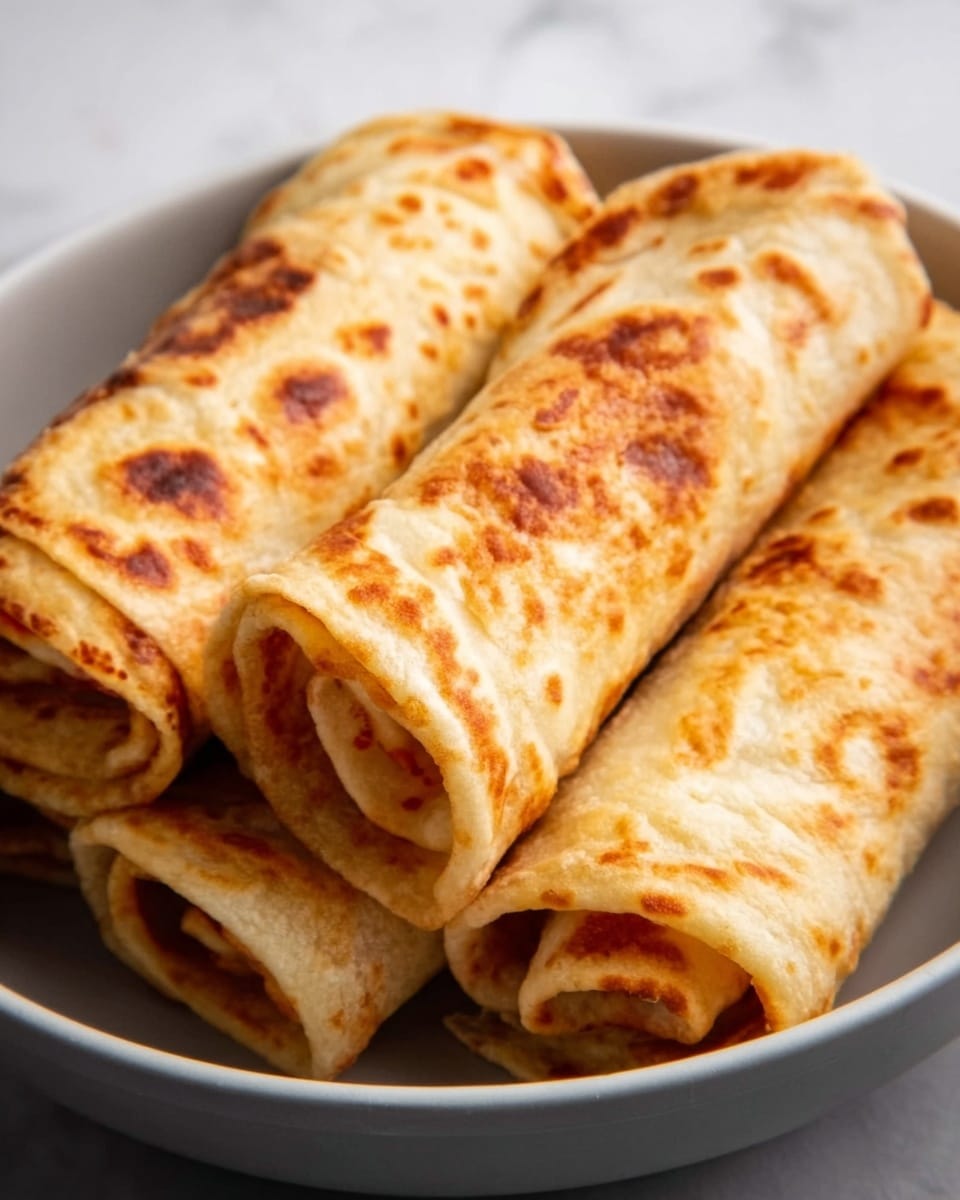 The image shows five rolled crepes with a golden brown color and light specks on the surface, stacked neatly on a white plate. Each crepe is thin with a soft, slightly crispy texture visible on the outside. The rolls are placed side by side with some overlapping, highlighting the layering of the crepes' delicate folds. The plate sits on a white marbled surface, creating a clean, simple background that makes the golden crepes stand out. photo taken with an iphone --ar 4:5 --v 7