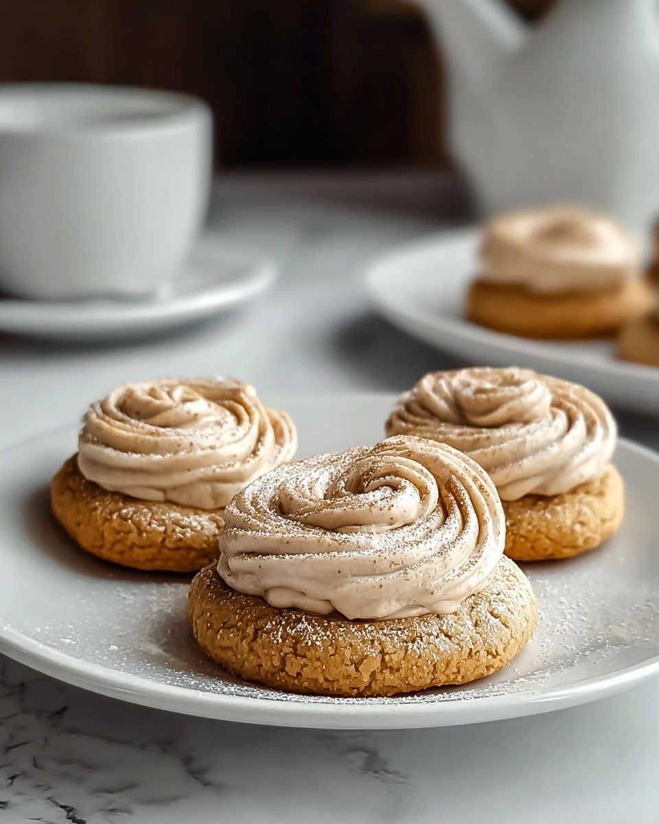 The image shows four round cookies arranged on a white plate set against a white marbled surface. Each cookie has two layers: the bottom layer is a light golden-brown, soft-looking cookie with a slightly rough texture, and the top layer is a smooth, creamy swirl of light beige frosting dusted lightly with a fine brown powder. The swirls are thick and glossy, sitting neatly on each cookie's center. The background includes a blurry white cup and saucer with a silver spoon, and a white teapot on a dark wooden table. The lighting is soft, giving the scene a warm, inviting feel. photo taken with an iphone --ar 4:5 --v 7