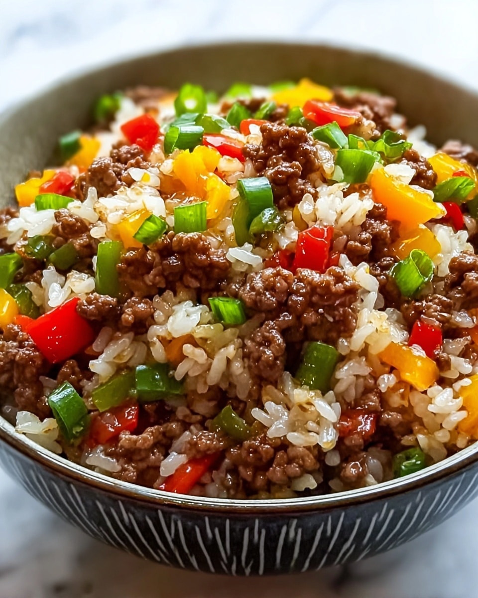 The image shows a close-up of a bowl filled with a colorful mix of cooked white rice, small chunks of browned ground meat, and diced bell peppers in red, yellow, and green. The top layer consists mostly of meat and vibrant bell pepper pieces, glistening slightly with oil or sauce. The rice grains peek through beneath this mix, some with a slight shine. The bowl is white with a textured dark pattern on the outside, and the whole dish sits on a white marbled surface. photo taken with an iphone --ar 4:5 --v 7