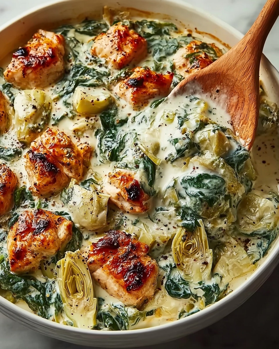 A close-up view of a creamy dish in a white bowl featuring several pieces of browned chicken on top with a golden, slightly crispy texture. Below and around the chicken are thick layers of wilted dark green spinach and pale yellow artichoke pieces, all coated in a rich, white cream sauce with specks of herbs and pepper. A wooden spoon gently scoops up some of the creamy mixture, showing the smooth, thick consistency of the sauce mixed with the layered vegetables. The bowl is placed on a white marbled surface. photo taken with an iphone --ar 4:5 --v 7
