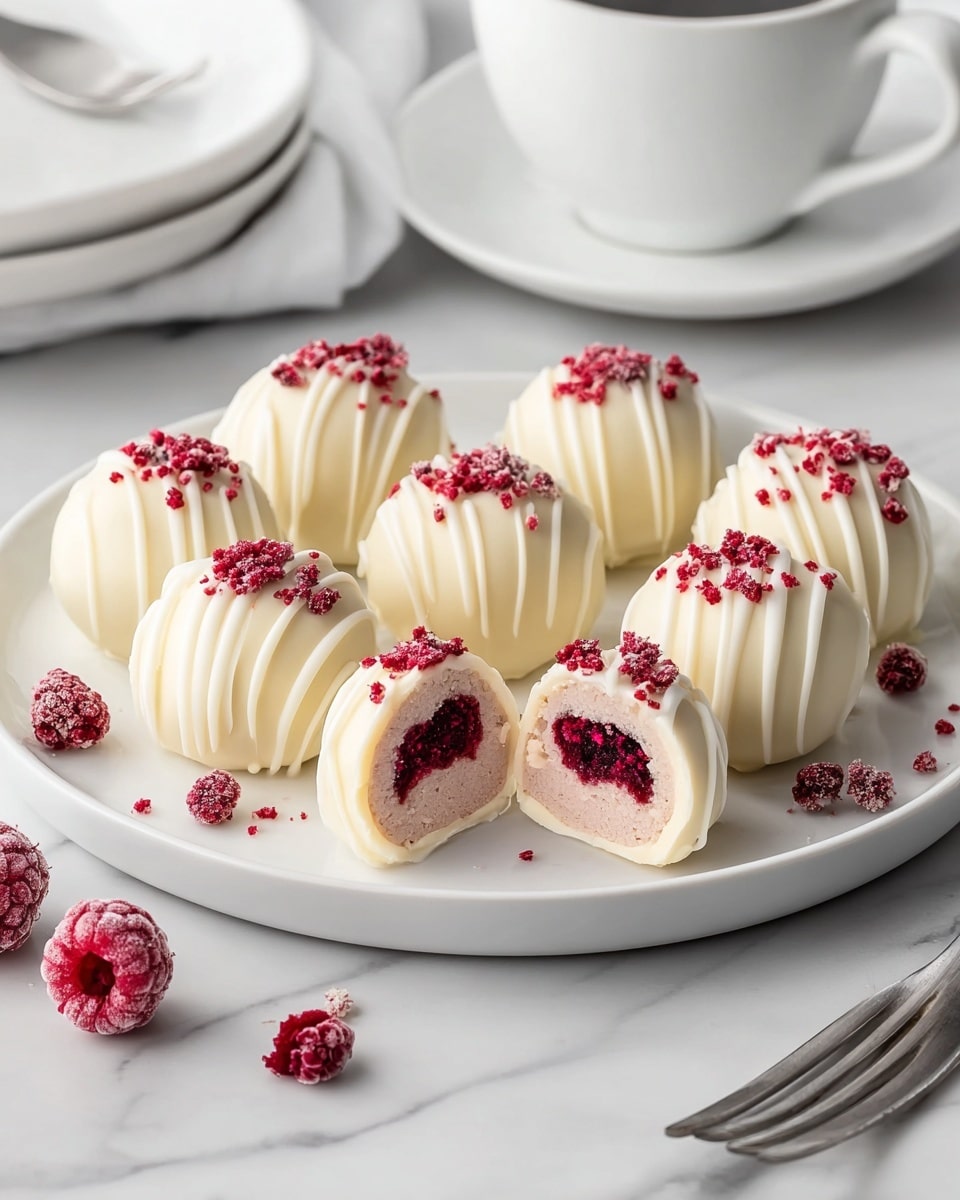 A white plate holds eight round white chocolate truffles, each decorated with thin white chocolate drizzle and topped with small red and white crumbles. One truffle is cut in half, showing three layers inside: a thin white chocolate outer shell, a creamy pink middle layer, and a dense deep red inner core with a moist texture. The plate is on a white marbled surface with a few scattered red crumbs and whole raspberries nearby. To the right, a silver fork lies on the surface, and in the background, a white cup and saucer are slightly blurred. photo taken with an iphone --ar 4:5 --v 7