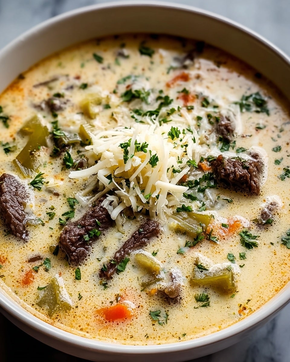 A creamy soup served in a white bowl, filled with layers of tender dark brown meat chunks and small pieces of green and red vegetables scattered throughout the light, slightly orange-speckled cream base. The soup is topped with a pile of finely shredded white cheese and sprinkled with fresh dark green herbs, adding texture and color contrast. The edges of the bowl reveal the smooth, thick consistency of the soup, all set on a white marbled surface. photo taken with an iphone --ar 4:5 --v 7