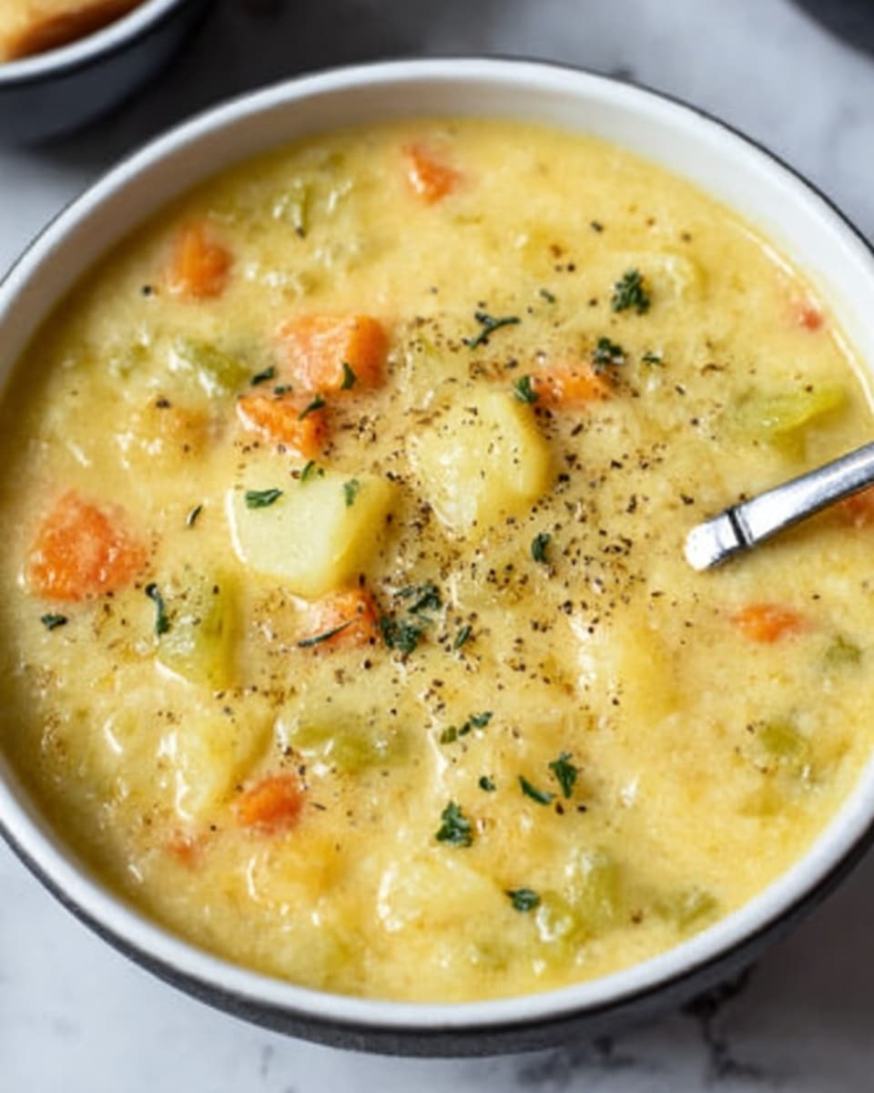 A close-up image of a thick yellow soup in a white bowl, filled with visible chunks of potatoes, carrots, and some greens. The soup has a creamy texture with small bubbles and herbs sprinkled on top, along with a silver spoon resting inside the bowl. The background is a white marbled surface, creating a clean and bright setting. photo taken with an iphone --ar 4:5 --v 7
