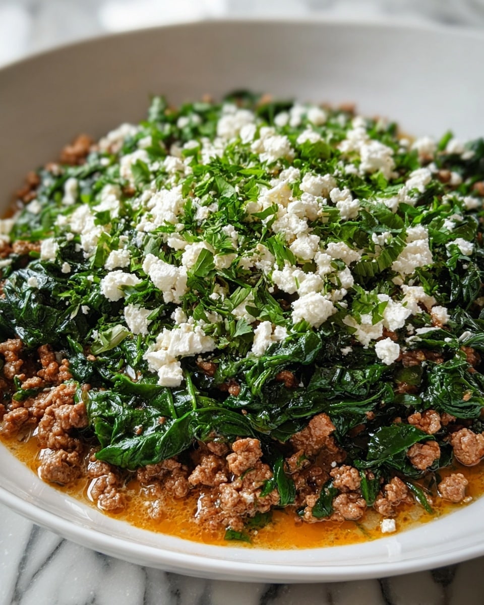 The dish is served in a deep white bowl and has three clear layers. The bottom layer shows cooked ground meat with a rich brown color and juicy texture, soaked in a light orange-brown sauce. Spread evenly on top of the meat are dark green cooked spinach leaves that have a soft, wilted look. The top layer is made of small white crumbles of cheese, scattered all over the spinach, with chopped fresh green herbs sprinkled on top. The bowl sits on a white marbled surface. photo taken with an iphone --ar 4:5 --v 7
