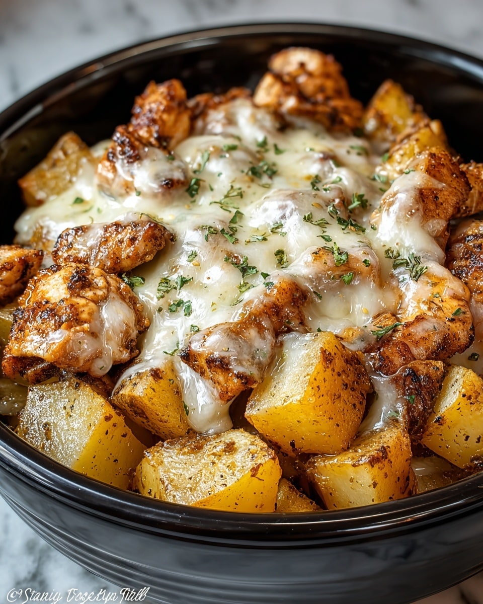 The image shows a close-up of a black bowl filled with a layered dish. The bottom layer consists of golden brown, well-seasoned potato chunks with a spicy texture. On top are browned, grilled chicken pieces with a slightly crispy outside, mixed evenly with the potatoes. Melted white cheese covers the chicken and potatoes, stretching slightly and pooling between the pieces, with small green herb sprinkles scattered across the dish for color. The bowl rests on a white marbled surface. photo taken with an iphone --ar 4:5 --v 7