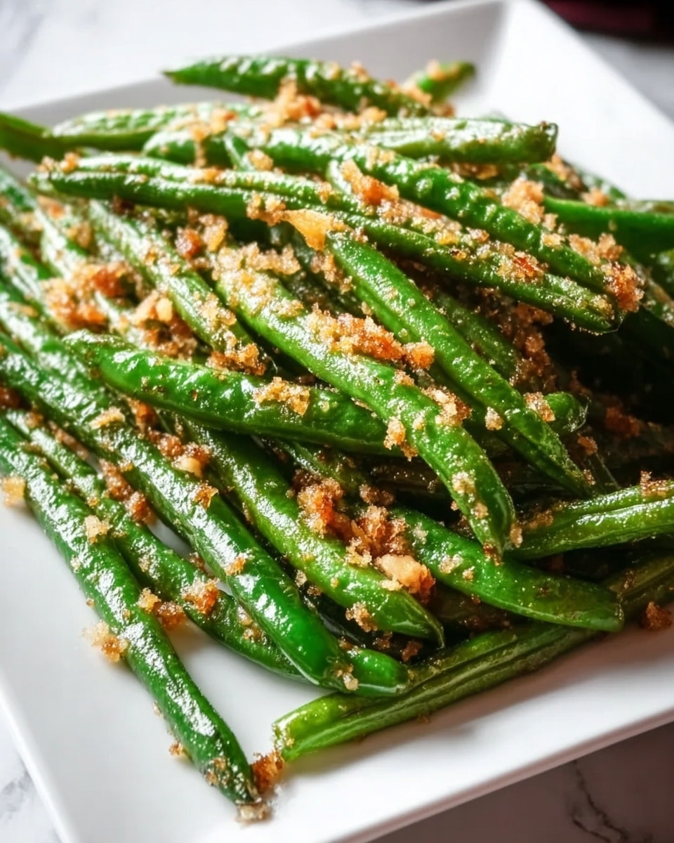 A close-up view of a white square plate filled with cooked green beans, each bean is bright green and slightly shiny, covered evenly with small pieces of golden-brown garlic and crumbs, giving a textured look on the surface of the beans. The green beans are layered naturally, with some overlapping each other in a random arrangement, and the background shows a white marbled surface. photo taken with an iphone --ar 4:5 --v 7