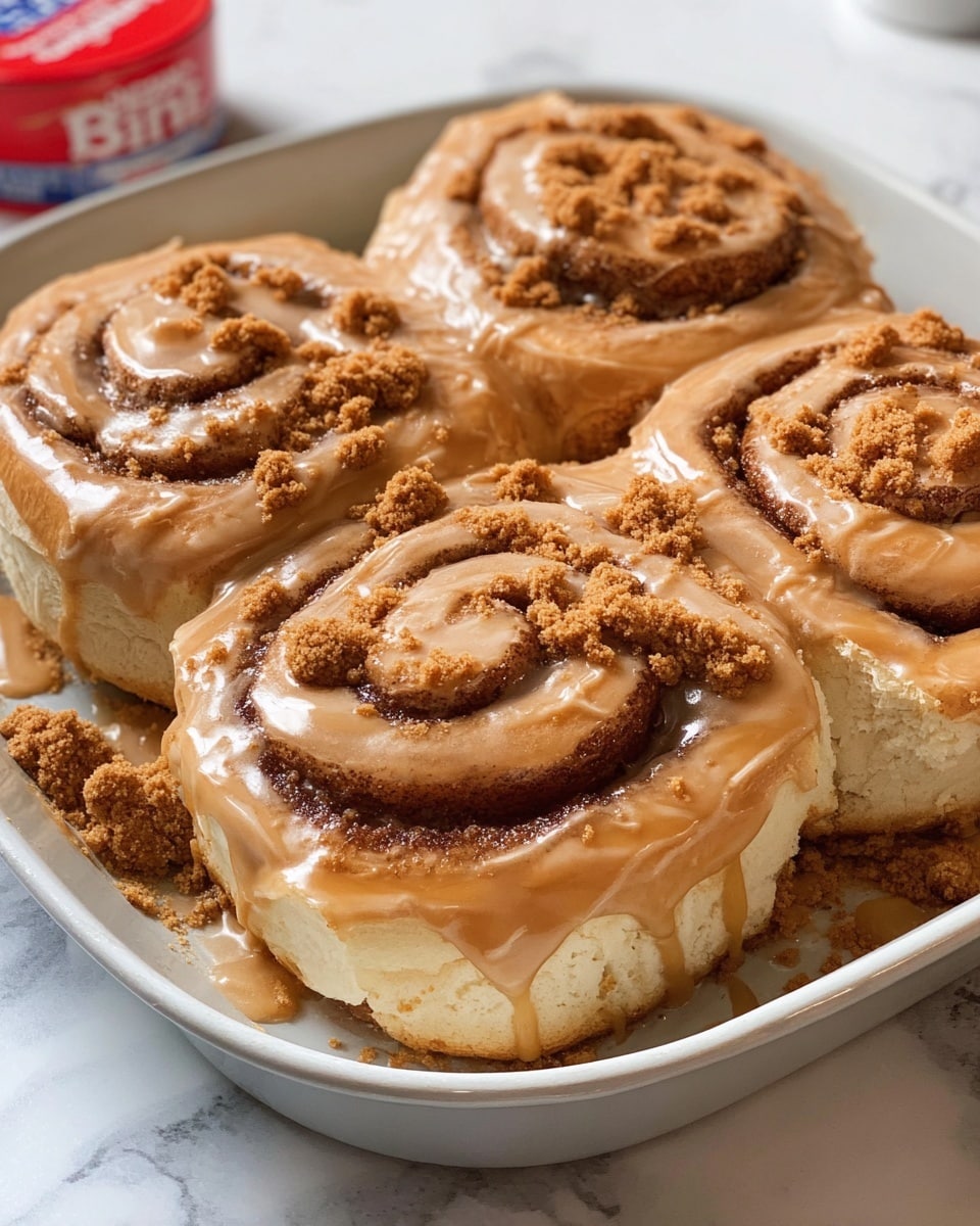 Three cinnamon rolls sit closely together on a white plate, each roll showing a thick, glossy layer of light brown glaze dripping down the sides. The spirals reveal a rich dark brown cinnamon sugar filling with some crumbly sugar bits sprinkled on top. The rolls have a soft, fluffy texture with a light golden-brown surface on the bottom edges. The plate rests on a white marbled surface. photo taken with an iphone --ar 4:5 --v 7