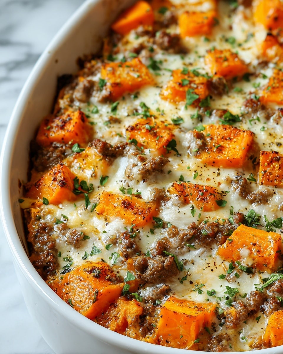 The image shows a close-up of a baked dish in a white oval ceramic dish, filled with multiple layers. The top layer has bright orange sweet potato cubes evenly spread and golden melted cheese that covers ground beef pieces mixed in, sprinkled with chopped green herbs and black pepper. The cheese is lightly browned in some spots, adding texture, while the ground beef looks soft and browned. The dish is placed on a white marbled surface visible around the edges. photo taken with an iphone --ar 4:5 --v 7