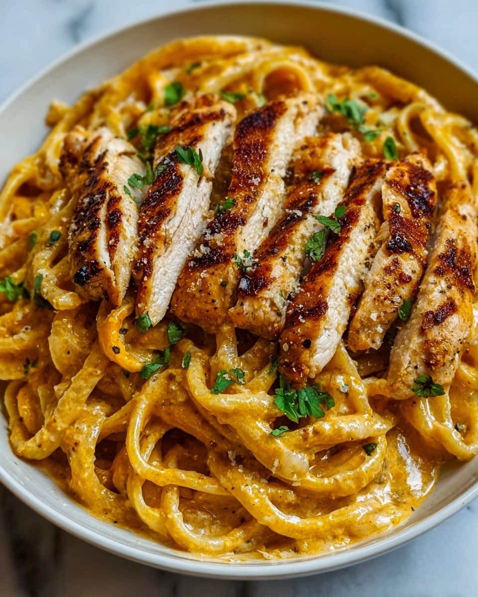 A white bowl filled with creamy pasta topped with several golden-brown, grilled chicken slices arranged in a neat row. The pasta underneath is coated in a rich, orange sauce, with some red chili flakes sprinkled on top of the chicken. A small green herb garnish sits at the center, adding a fresh touch. The bowl rests on a white marbled surface. The photo taken with an iphone --ar 4:5 --v 7