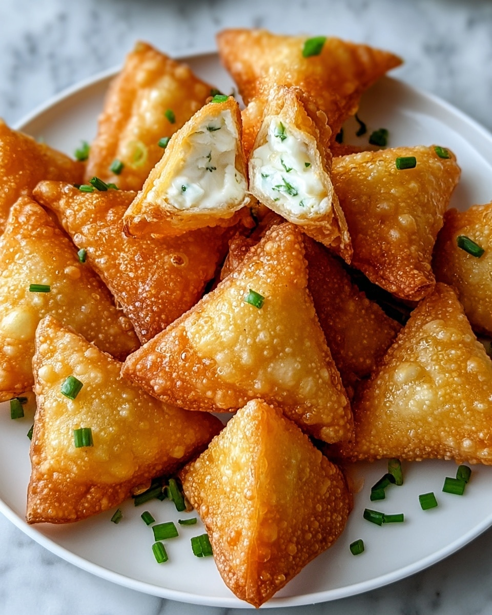 The image shows a white plate filled with small, golden brown fried triangular snacks with a crispy texture. One snack is broken open at the top center, revealing a white creamy filling inside. Scattered on and around the snacks are small pieces of fresh green chopped chives. The plate sits on a white marbled textured surface. photo taken with an iphone --ar 4:5 --v 7