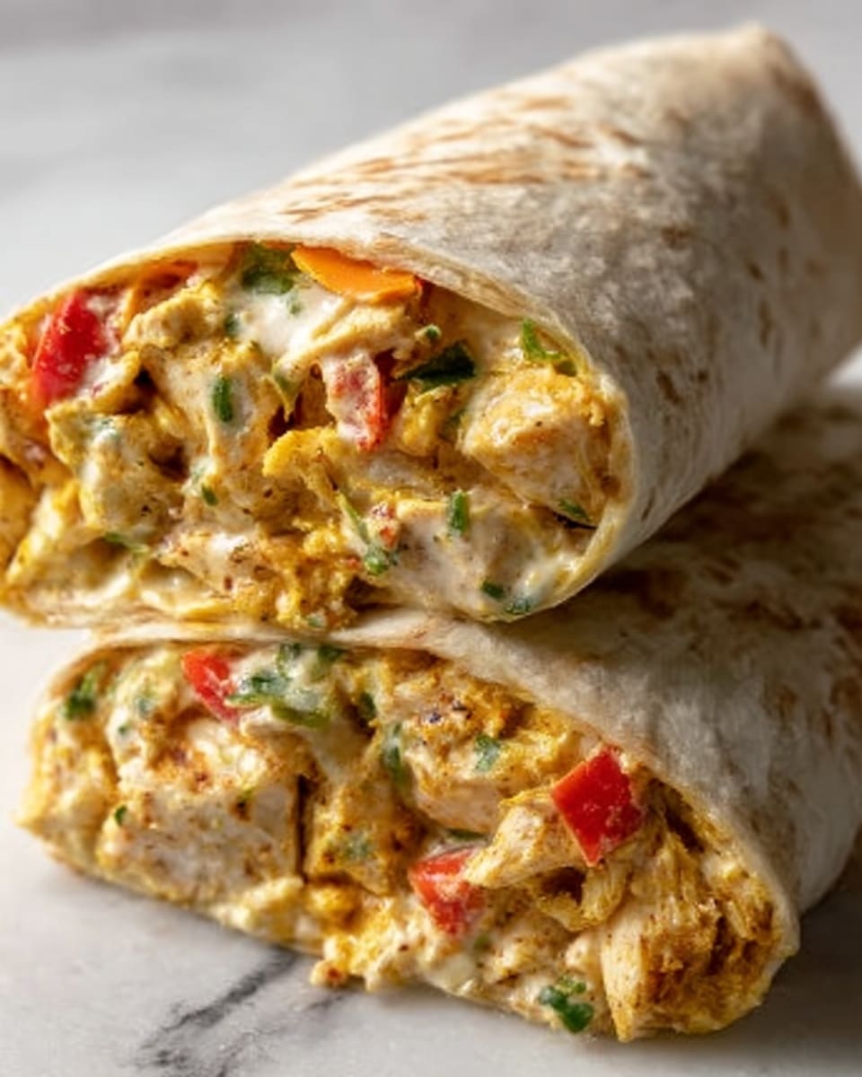 The image shows a close-up of a large wrap sandwich cut at an angle, filled with multiple layers of ingredients. The wrap is light brown with a soft texture, slightly folded at the edges. Inside, there are chunks of cooked chicken with a golden color, mixed with small pieces of bright red bell pepper and bits of white sauce or cheese. The filling looks creamy and moist, with specks of green herbs spread throughout. The wrap sits on a white marbled surface. The focus is on the front part of the wrap, displaying the colorful and textured layers inside. Photo taken with an iphone --ar 4:5 --v 7